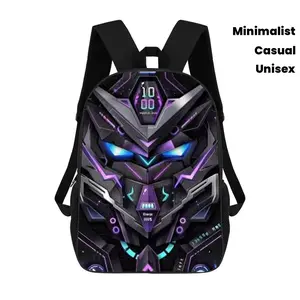 Solid Black Background Purple Cyan Neon Glow Futuristic Tactical Mecha Helmet Digital Tech UI Panel Print Minimalist Unisex Large Capacity Backpack Water Resistant Student School Rucksack Breathable Mesh Padded Shoulder Straps Elastic Mesh Water Bottle Si