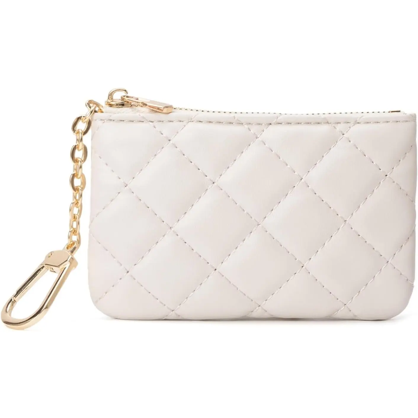 Quilted Leather Zipper Coin Purse with Keychain - Small Zippered Pouch, Card Holder for Women (Creamy-white), Zipper Pouch