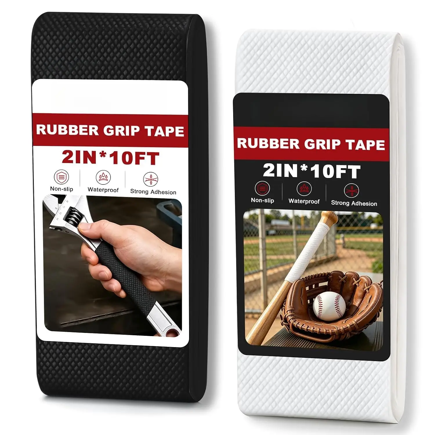 Adhesive Anti-Slip Rubber Grip Tape, 2 Rolls (2" x 10 FT Each, Black & White) for Handles/Tools, Indoor/Outdoor Hardware Tape