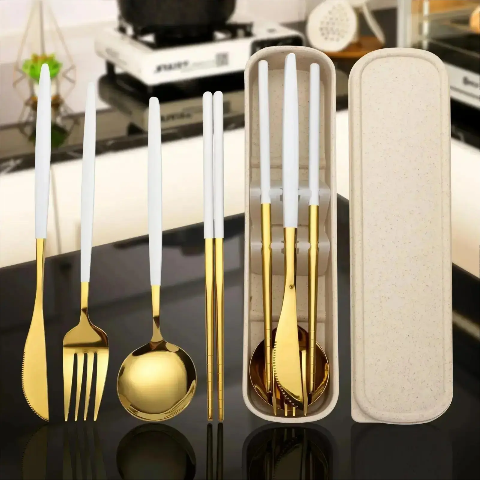 4-Piece Portable Utensil Set, Stainless Steel Travel Cutlery Set with Fork, Spoon, Knife & Chopsticks, Reusable Flatware with Pink Storage Case for Lunch, School, Office, Travel & Camping sohochic