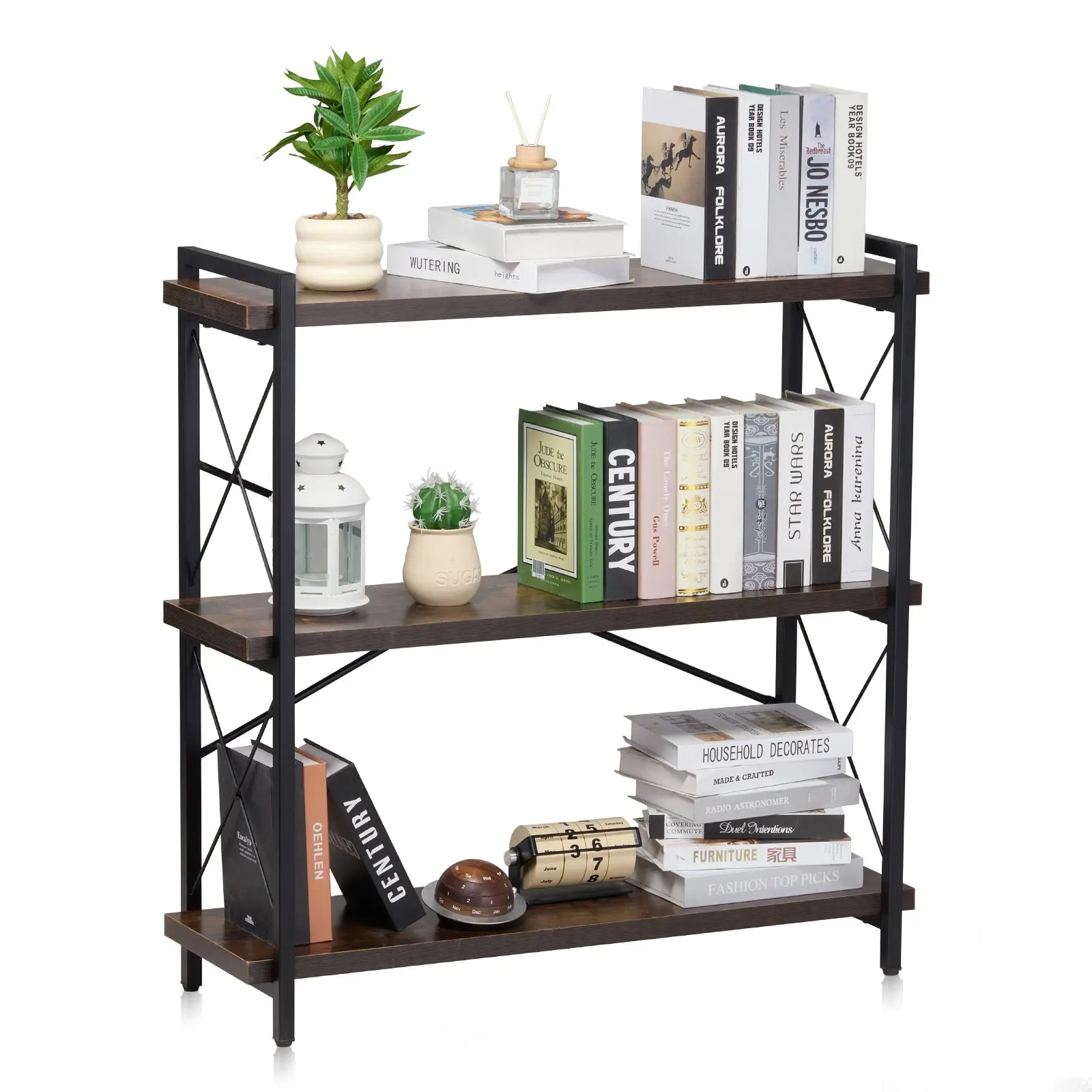 VEVOR 3-Tier Industrial Metal Bookshelf, Small Rustic Open Shelf Storage Display Unit, Freestanding Vintage Indoor Furniture Rack for Living Room, Office, Three Tiers