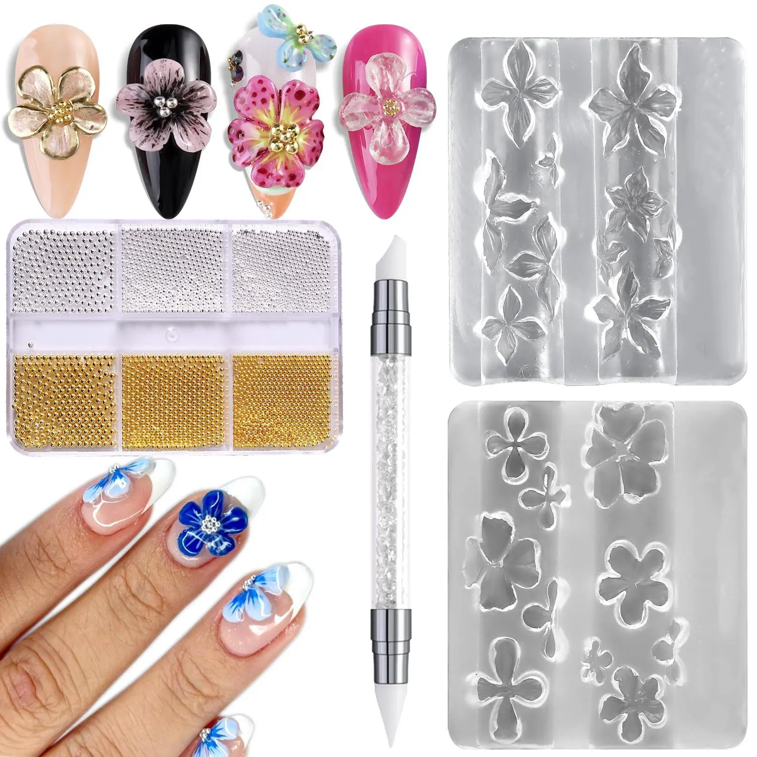 4-Piece 3D Floral Nail Art Mold Set, Includes Carving Pen and Mini Silver Color Beads, Transparent Template for Resin, Professional Nail Supplies
