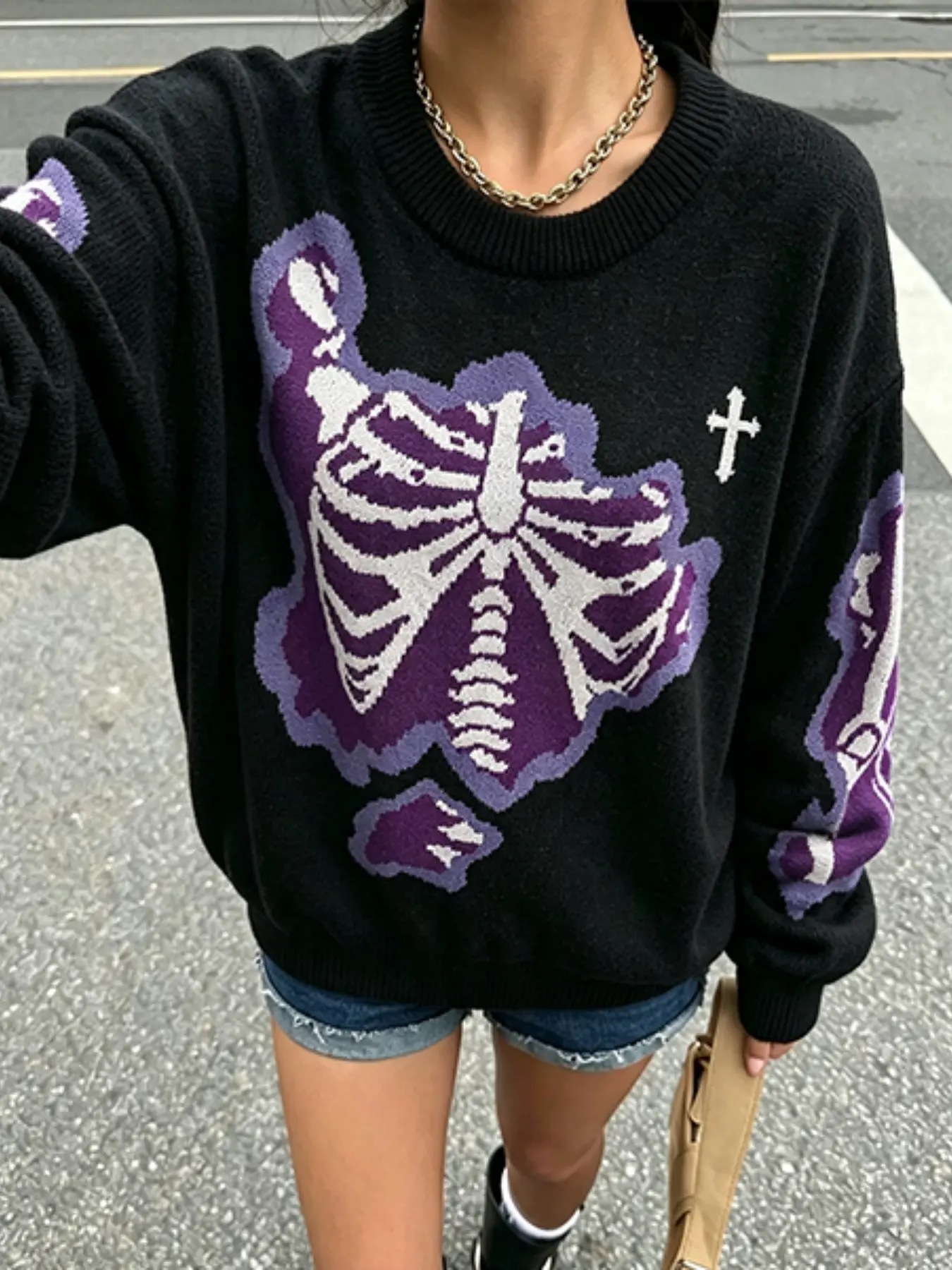 Y2K Dark Skull Pattern Knit Sweater, Patchwork Loose Round Neck, Women's Fall Winter American Vintage Pullover Top, Knitwear