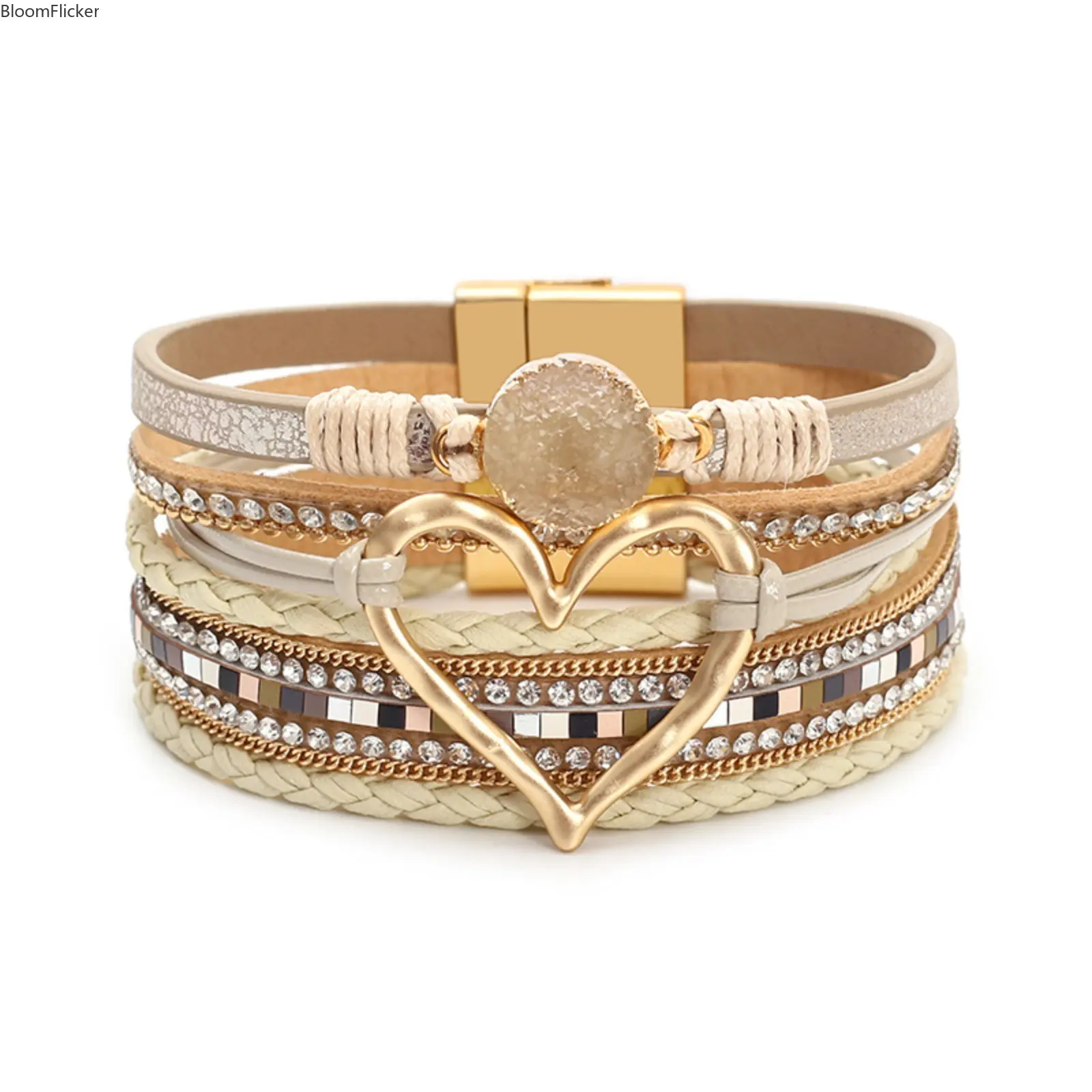 Boho Multi-Layer Leather Wrap Bracelet for Women, Hand Woven Stackable Bangle with Large Gold Heart Charm, Bohemian Wrist Jewelry for Daily Outfits, Beach & Festival Matching