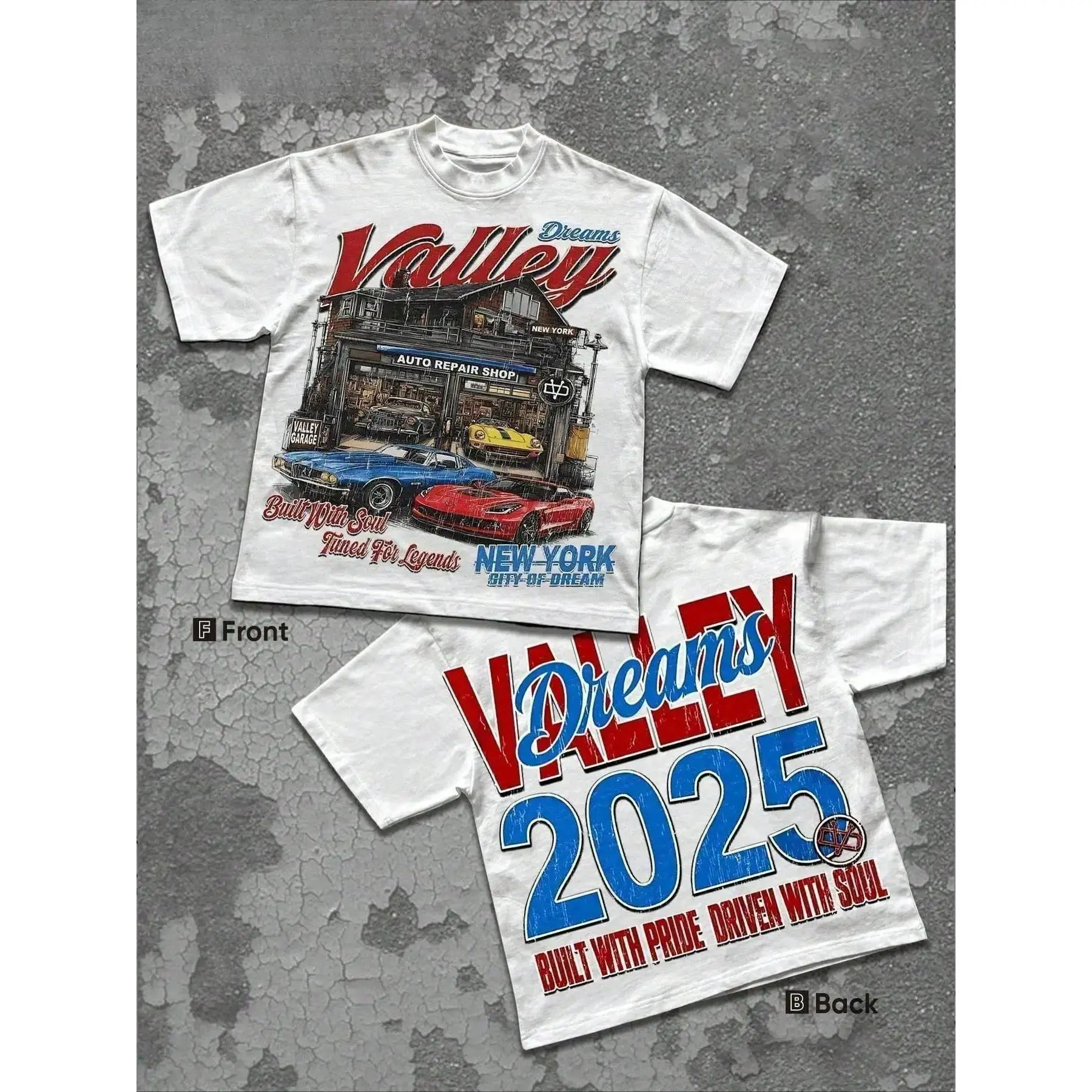 Valley Dreams Vintage Auto Shop Race Car Double Sided  Crew Neck , American Retro Loose Fit Short Sleeve Top, Classic Car Streetwear Casual Mens Daily  good graphic tees humorous tshirt men high school senior graduation gift fitness outfit surf