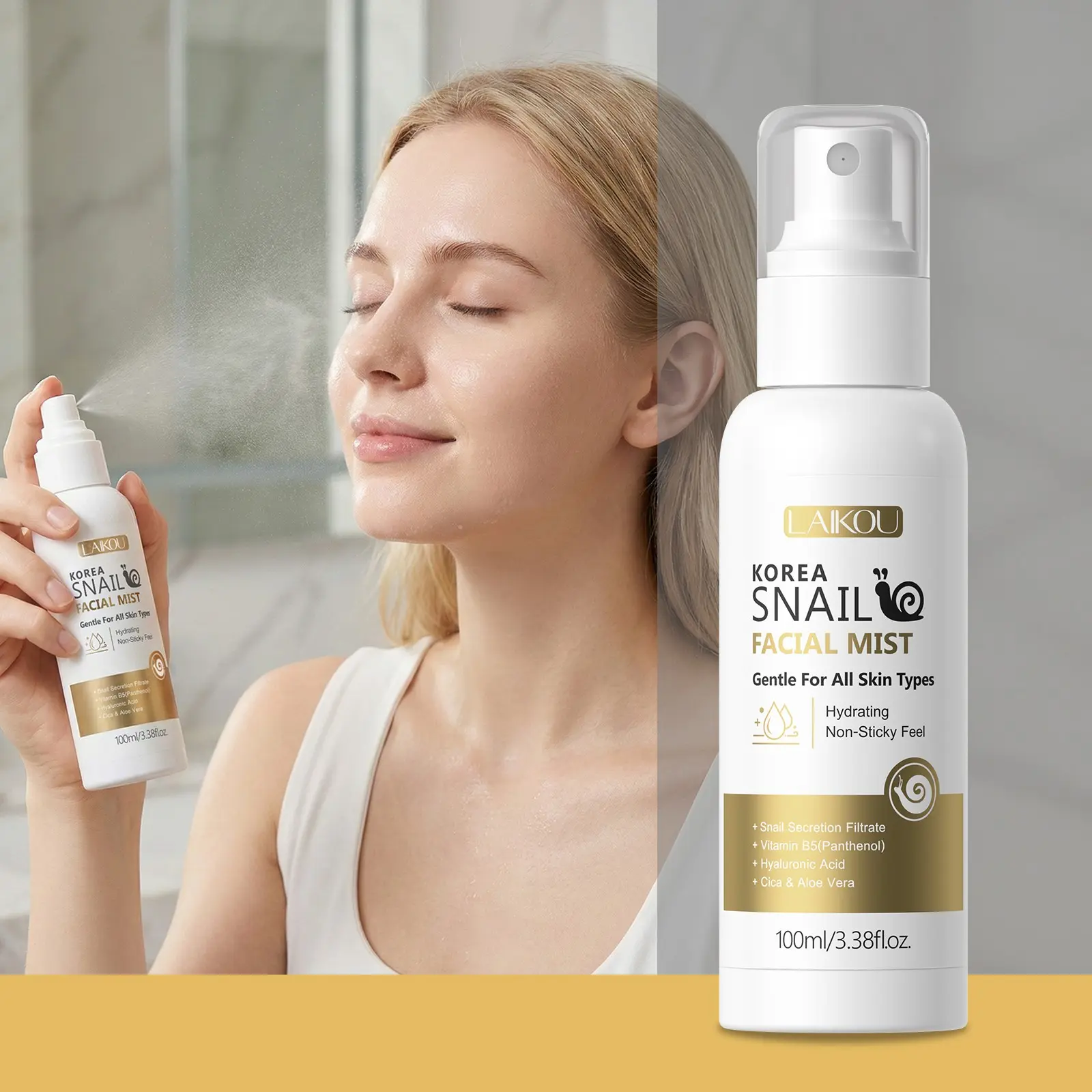 LAIKOU Korea Snail Facial Mist 100ml, Hydrating Face Spray with Snail Secretion Filtrate & CICA, Centella Soothing Toner for Dry Irritated Skin, Alcohol-Free Skin-Softening Formula