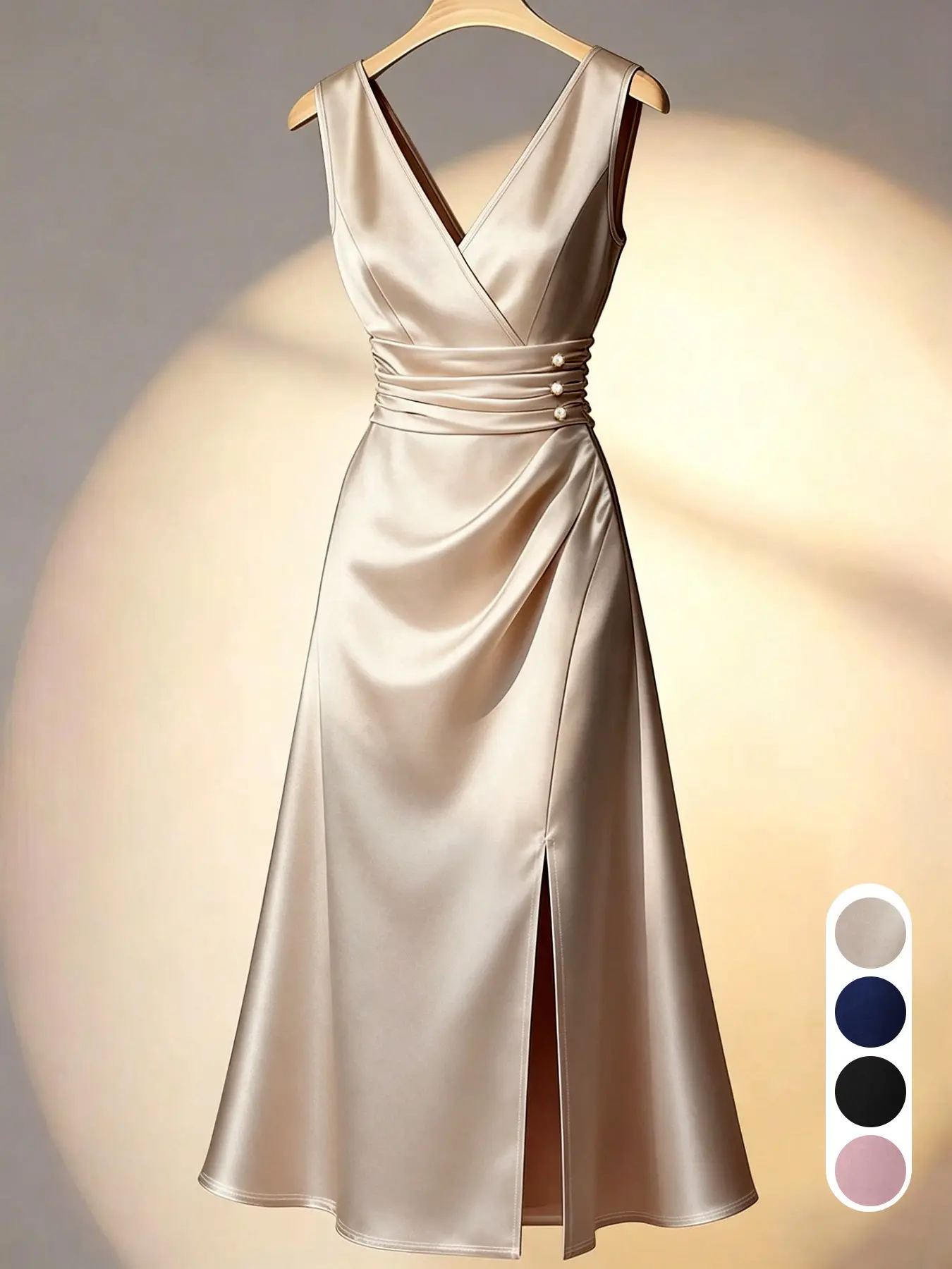 Champagne Color Slim-Fit V-Neck Midi Dress, Elegant Split Hem Satin Dress, High-Waisted Design, Summer New Arrival, Office & Date Wear