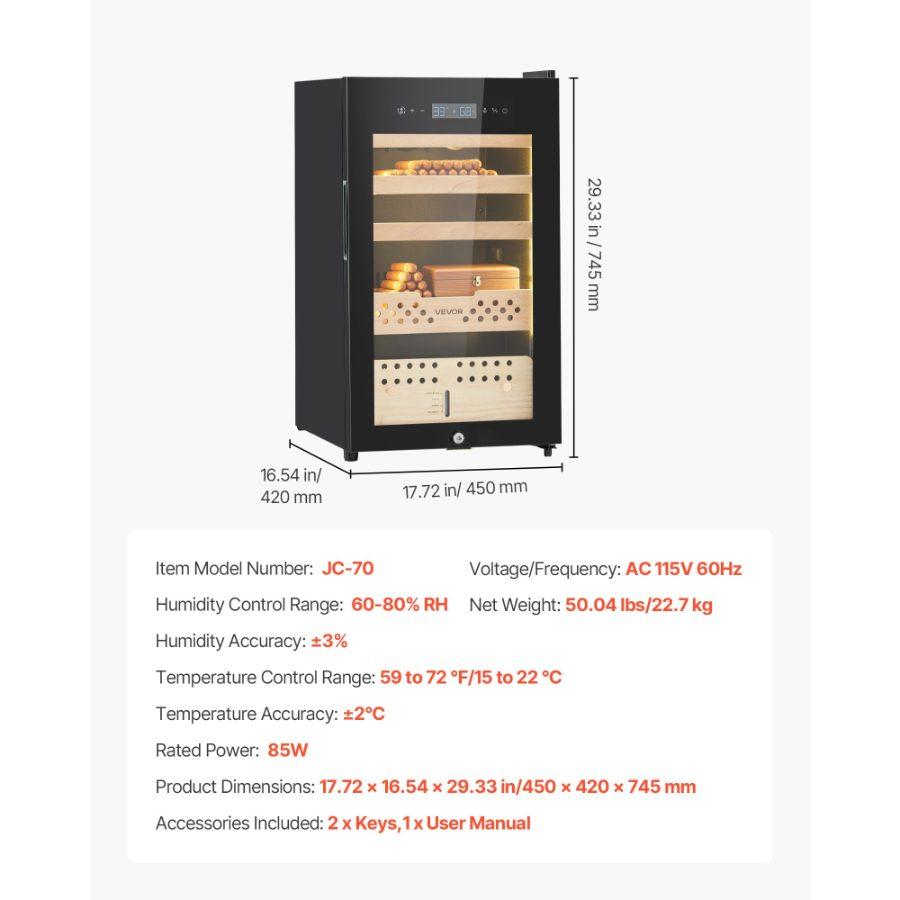VEVOR Electric Humidor, 70L, 400 Counts Electric Cigar Humidor Cabinet with Compressor Cooling, Constant Humidity Temperature Control, Spanish Cedar Wood Shelves Drawers, 4 Layers, for Household