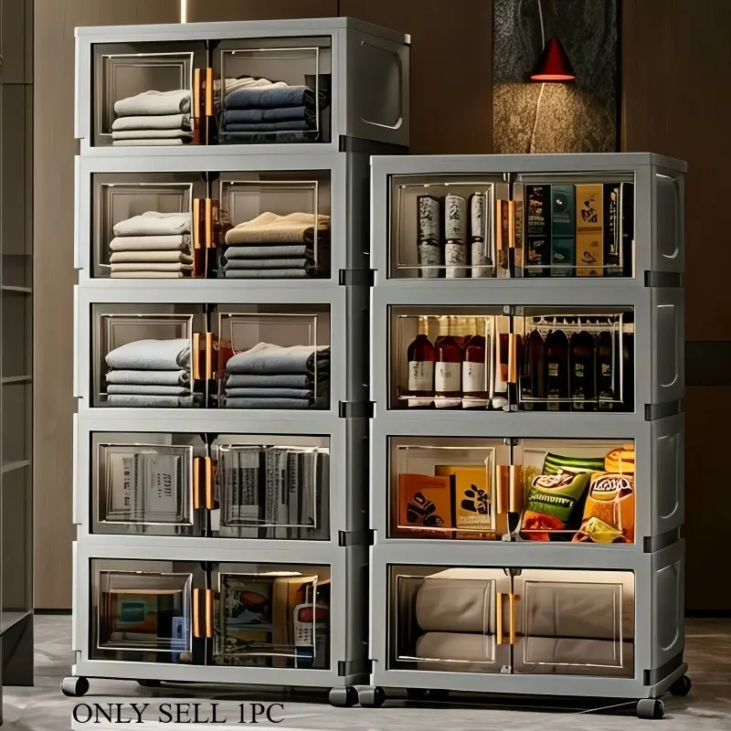 Portable, installation-free office storage cabinets with lids, stackable storage boxes with handles, and foldable plastic storage cabinets with doors and wheels