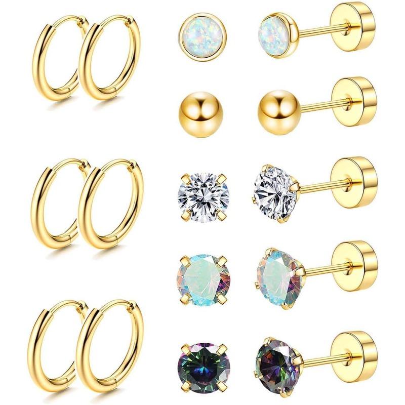 8Pairs Surgical Steel Flat Back Earrings for Sensitive  Hypoallergenic 20G Stainless Steel Stud Hoop Earrings for Women Men Small Opal Ball CZ Cartilage Earrings Hoop Stud Flatbackearrings Fashionable Jewelry Accessories Vvs Moissanite Ear Hook Design