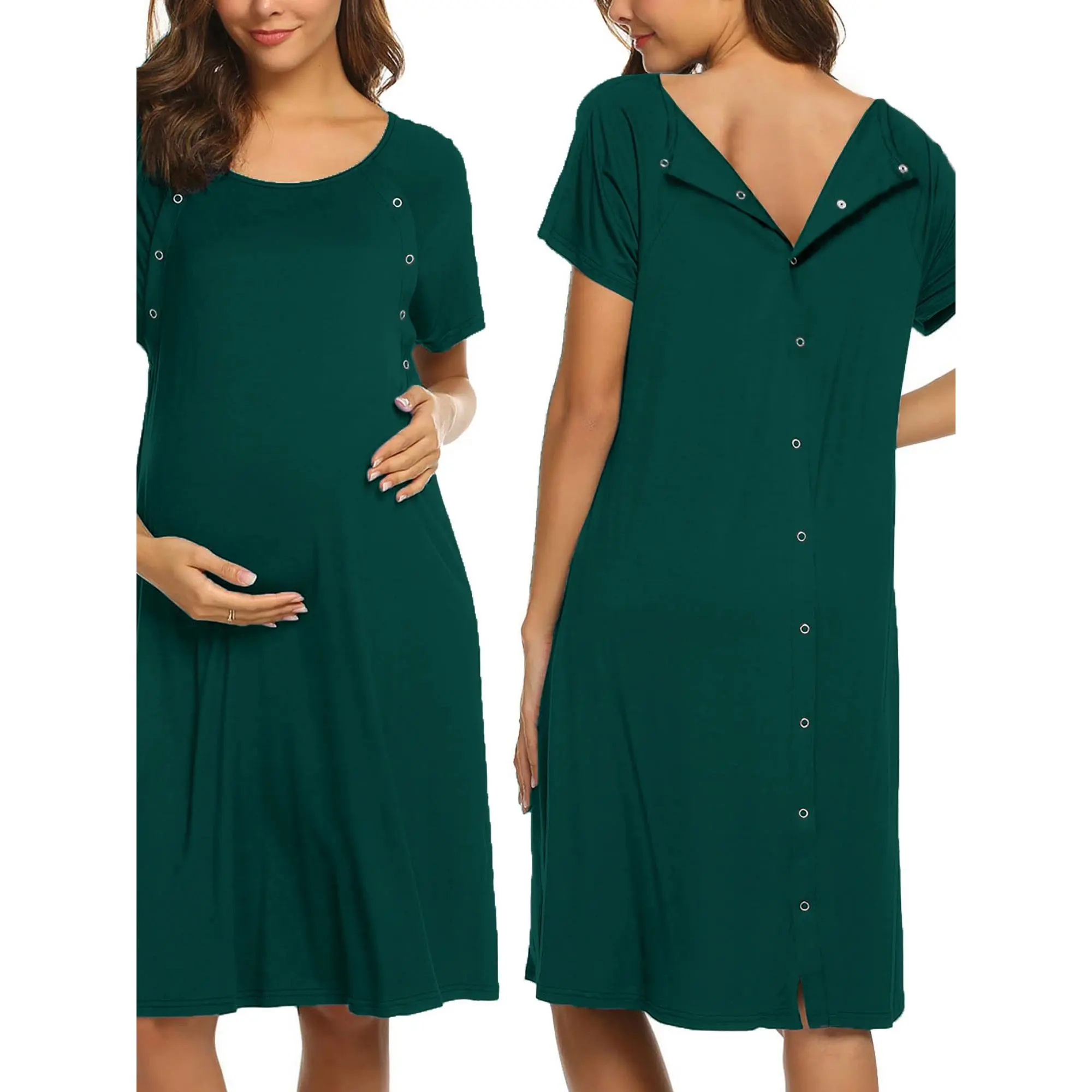 Soft & Stretchy Maternity Nightgown with Side Buttons - Short Sleeve, Round Neck Sleep Dress for Nursing, Delivery & Hospital Stay, Teal, Sizes S-XXL, Maternity Clothes