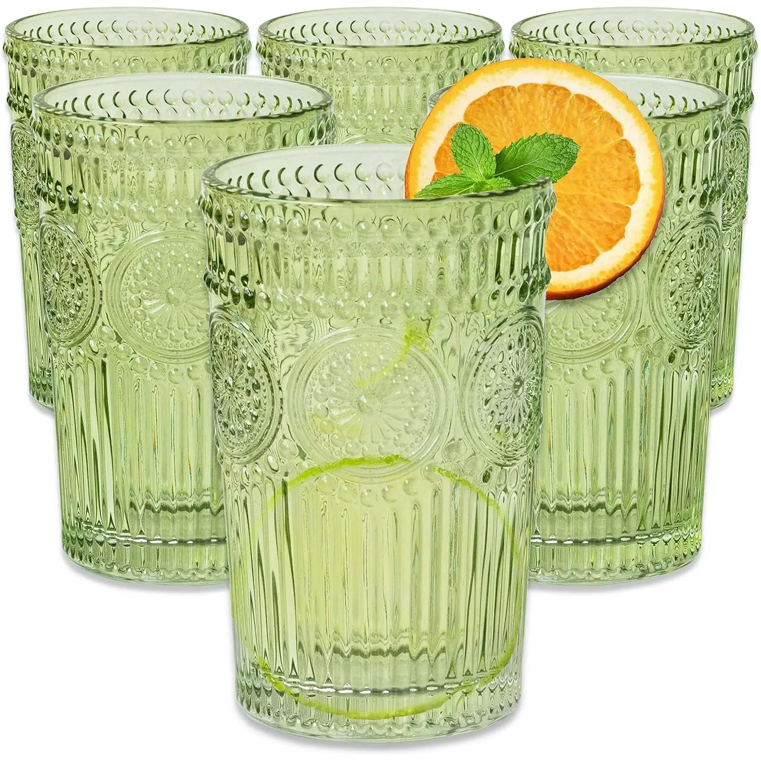Kate Aspen Vintage Ribbed Green Drinking Glasses Set of 6-13 oz Colored Embossed Glass Cups  Water, Iced Tea, Cocktails - Perfect Holiday Drinkware, Christmas Entertaining & Gift Set