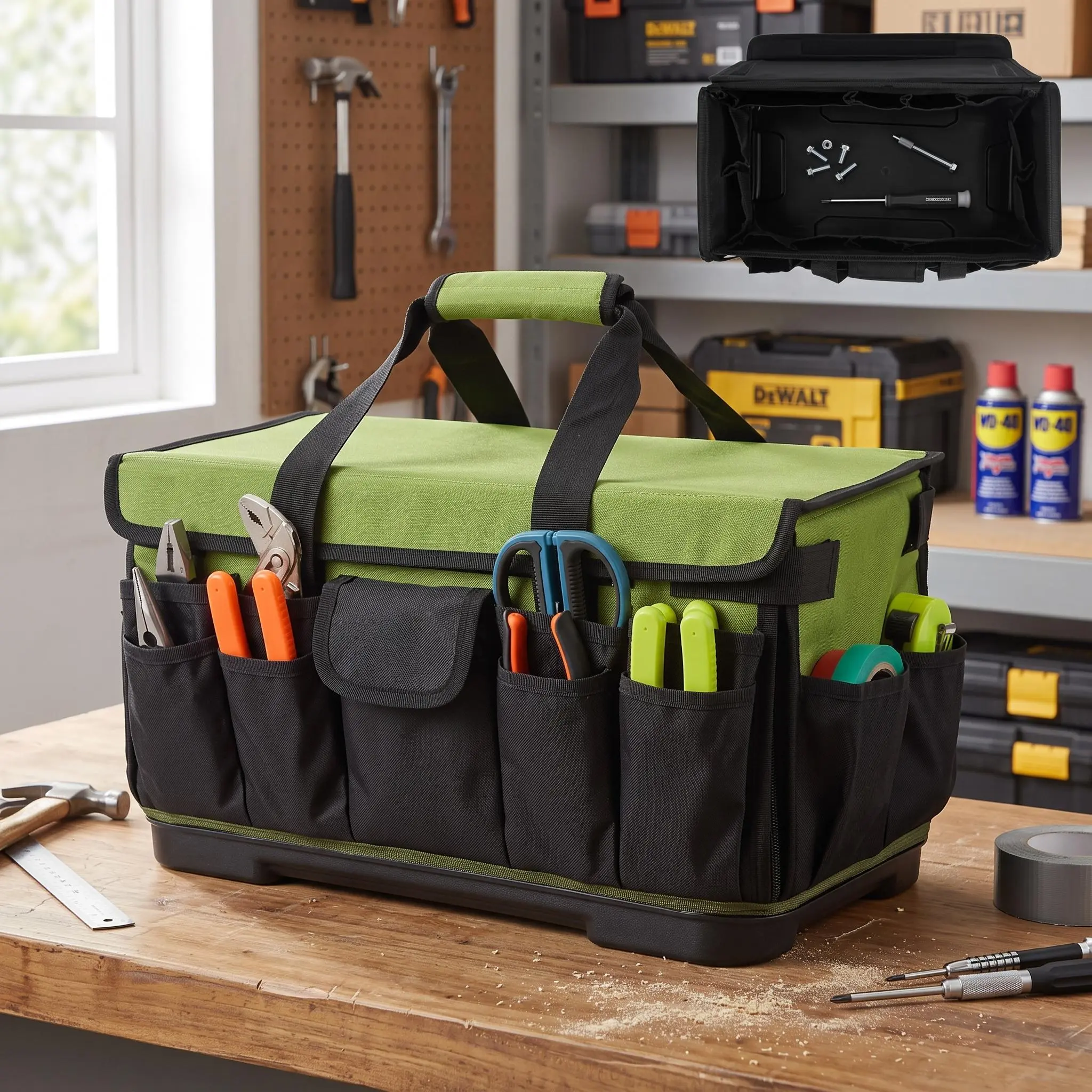 【IdealHouse】Heavy Duty Tool Bag with Hard Waterproof Base, Large Capacity Wide Open Tool Tote with Multi Pockets, Portable Electrician Gardening Maintenance Tool Storage Carrier