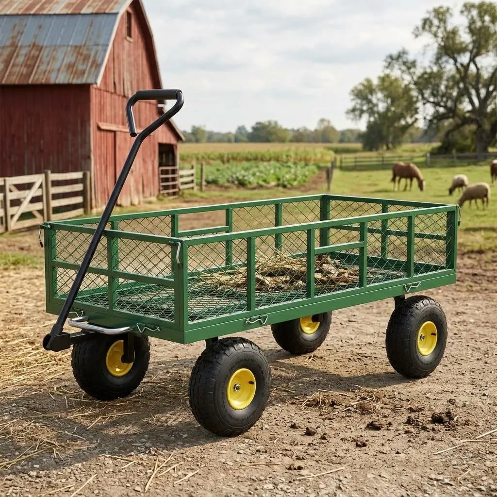 900 lbs Heavy Duty Steel Garden Dump Cart - Utility Outdoor Yard Wagon with Removable Mesh Sidewalls, 10-Inch Pneumatic Tires & 180° Swivel Handle - Durable Wheelbarrow for Lawn, Farm, Backyard