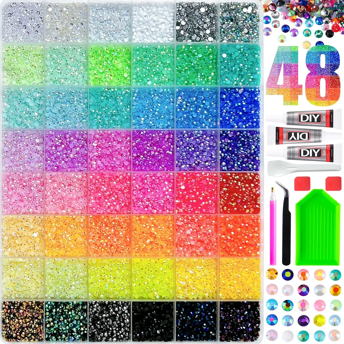 1Box 48 Colors Trendy Nail Rhinestones Bedazzling Kit-All-in-One Bling Kit for DIY Nails,Multi-Color AB Rhinestones with Tools for Manicure,Nail Art & DIY Projects