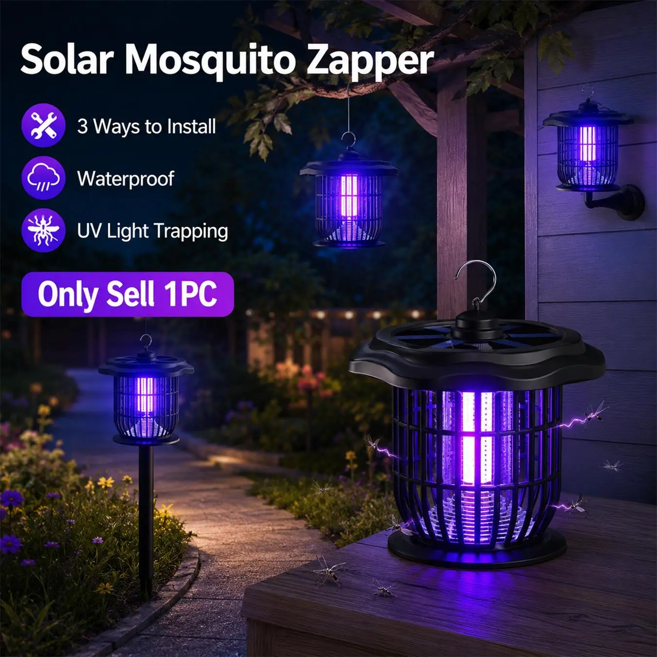 3-in-1 Solar Mosquito Zapper Outdoor, Portable Mosquito Repellent, Stake in Ground/hanging/Wall-mounted, Durable, Waterproof, Easy to Use, UV Bug Zapper, Large Area Camping Mosquito Lamp,Solar Powered Zapper, for Yard Garden Farm