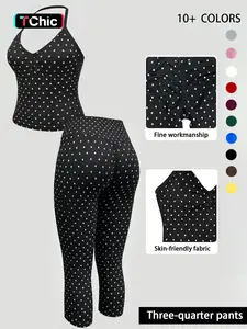 Women's Sporty Yoga Set, Polka Dot Print, High Waist Compression Pants, Quick Dry, Breathable, Sleeveless Tank Top, All Seasons