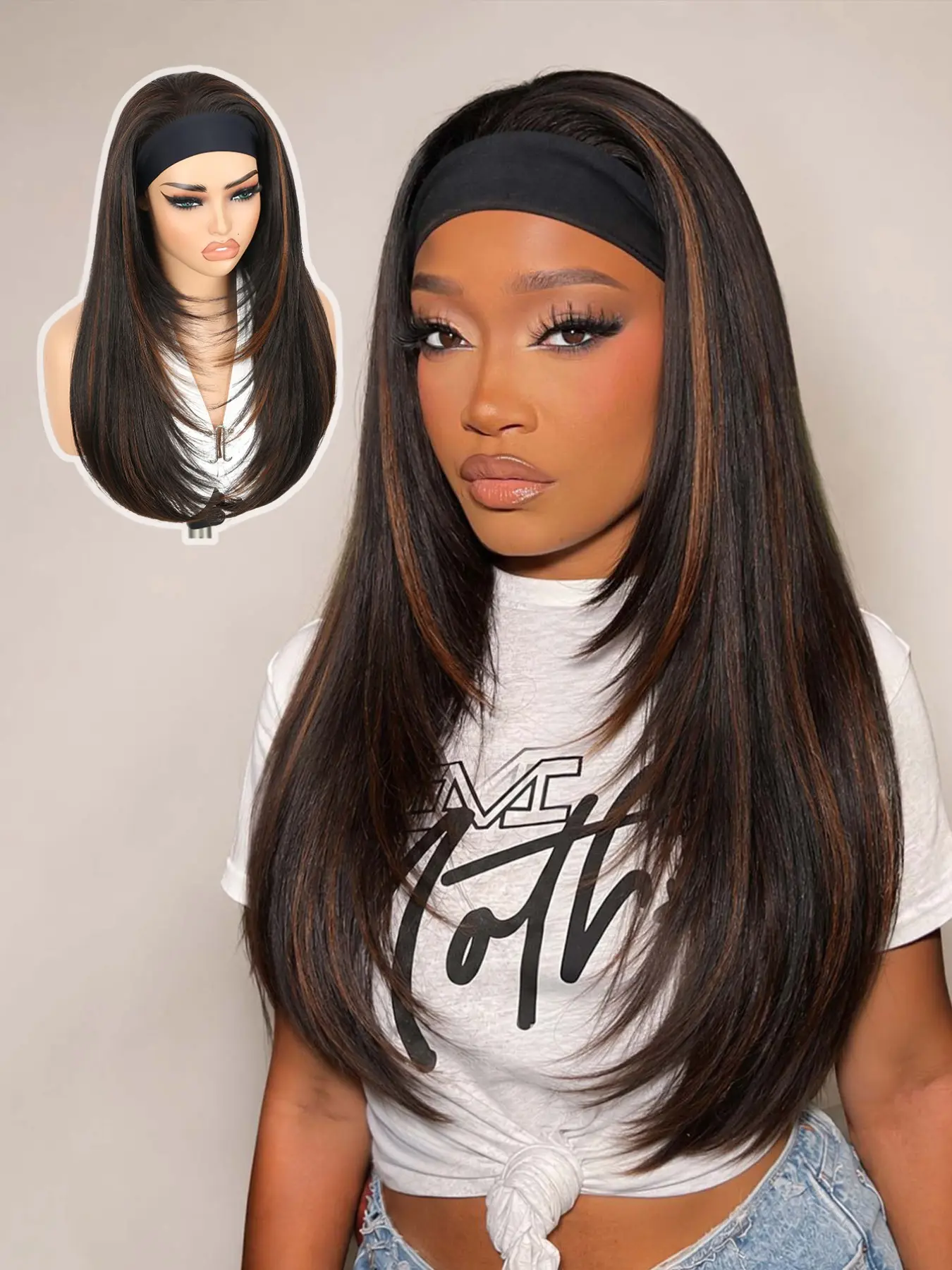 Layered Style Straight Headband Wig for Women, Heat-Resistant Synthetic Hair, 24-Inch, Synthetic Material Wigs
