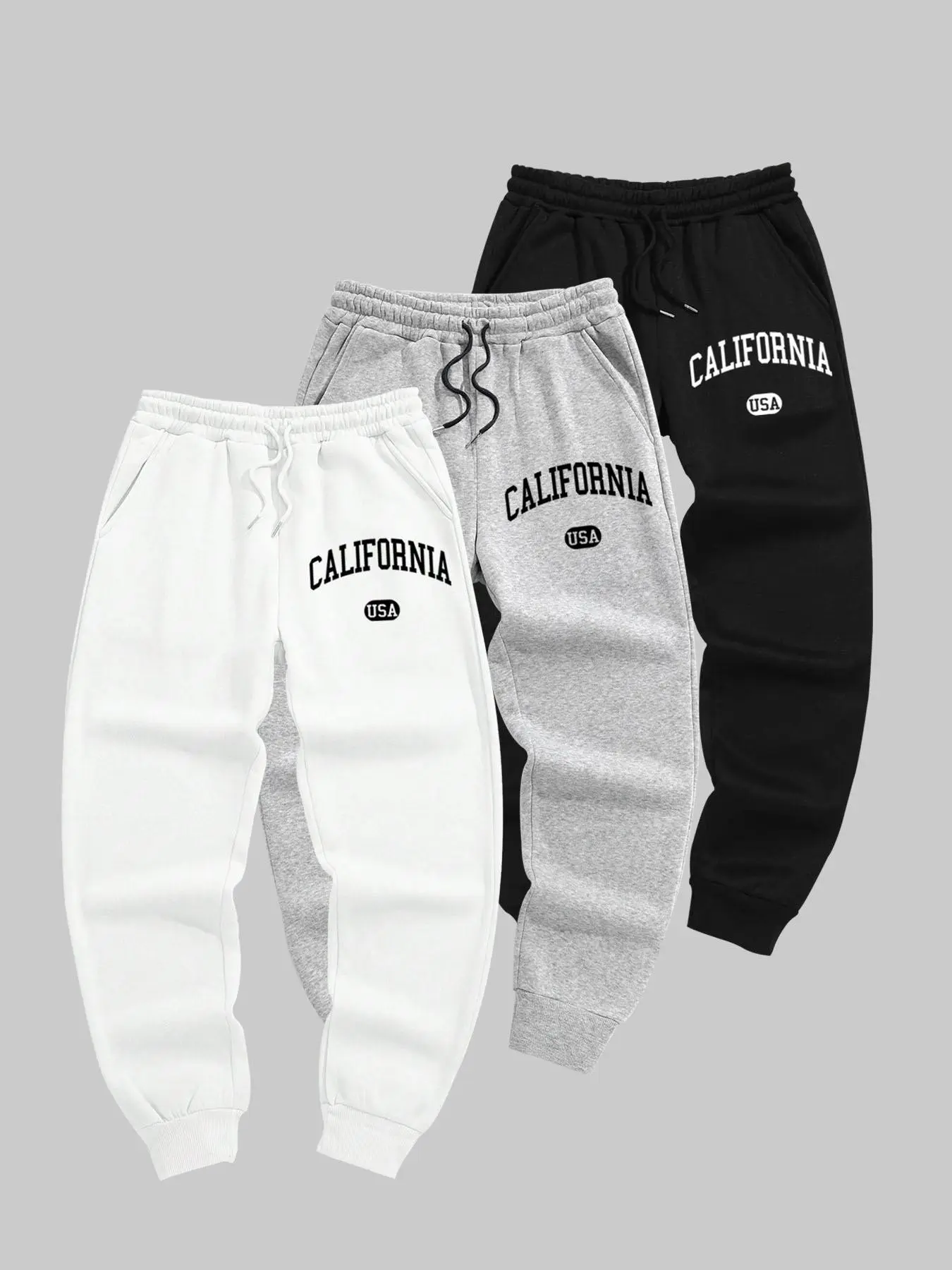 3 Pack Men's Loose Fit Drawstring Jogger Sweatpants Trendy California Letter Graphic Running Training Daily Casual Basic Track Pants Athleisure Style Bottoms