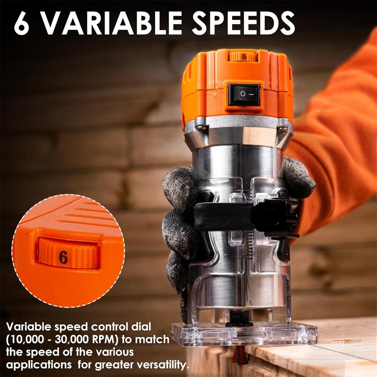 Compact Router, 6.5-Amp 1.25 HP Compact Wood Palm Router Tool, 6 Variable Speeds Wood Trimmer with 15 Pieces 1/4" Router Bits Set edge guide router bit wood router