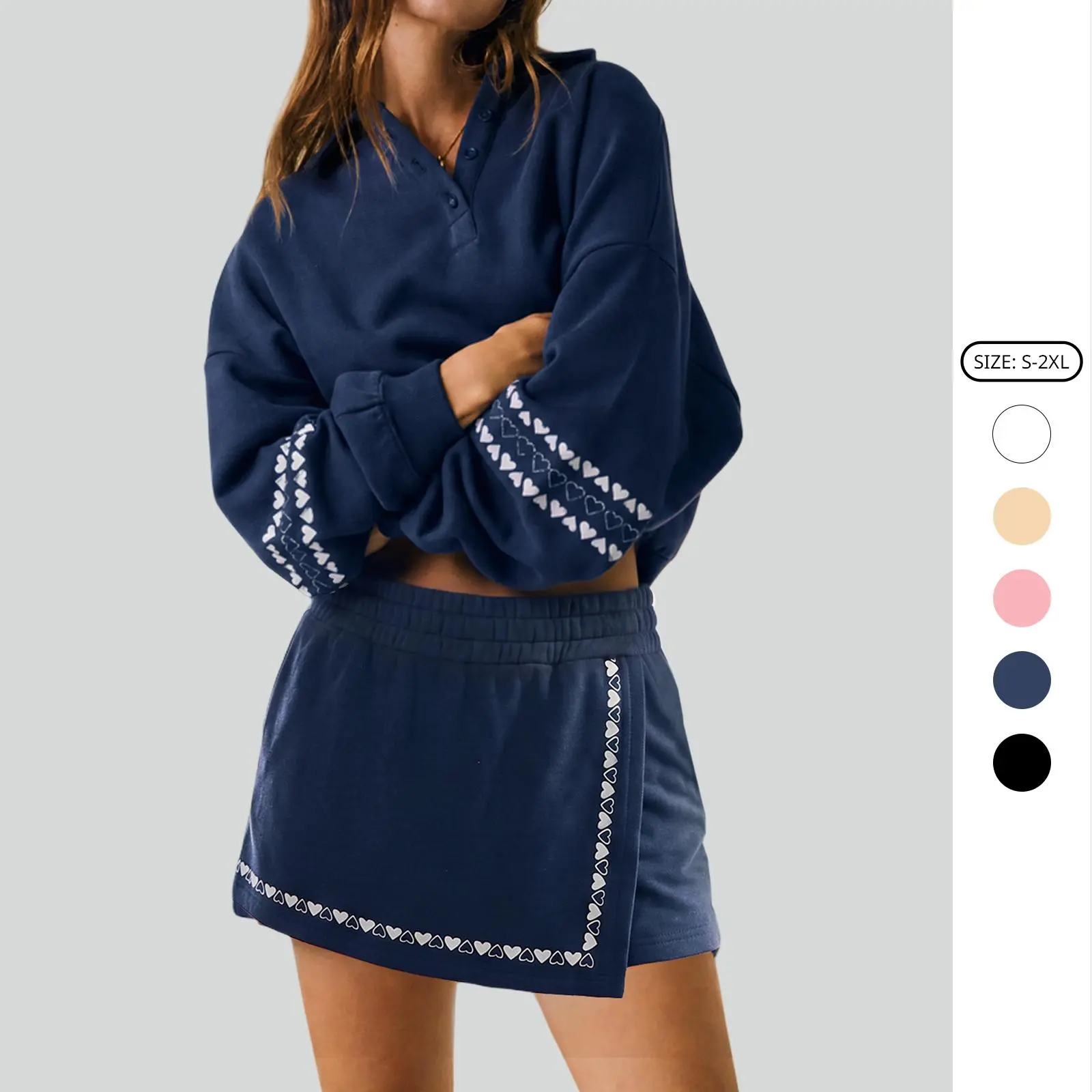 Imily Bela Women's Casual Two Piece Set Heart Border Embroidery Polo Sweatshirt & Sports Skort
