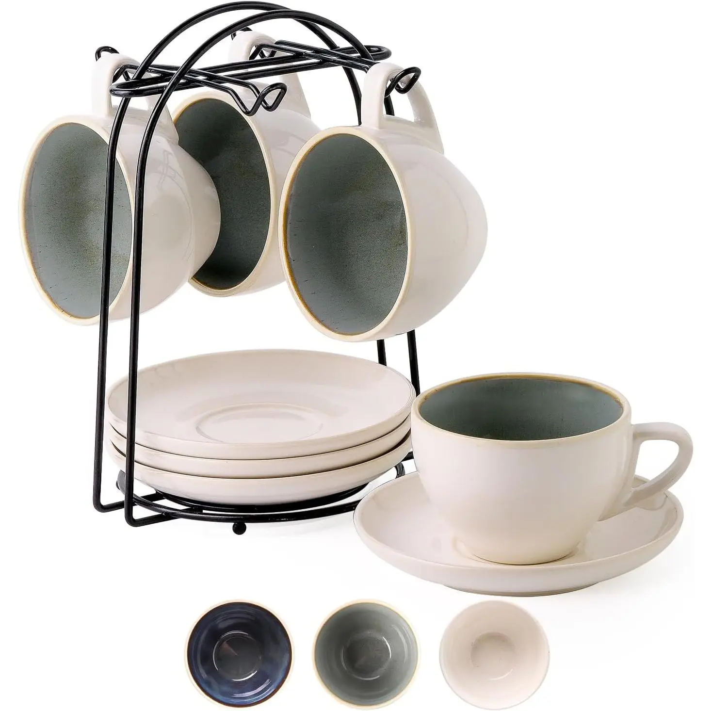 Stackable Cappuccino Cup Set of 4 [8oz] Activated-Glazed Ceramic Coffee Cup | Ceramic Coffee Cups with Saucers and Cup Holder,Microwave/Dishwasher Safe,Espresso Demitasse Cups(Green)