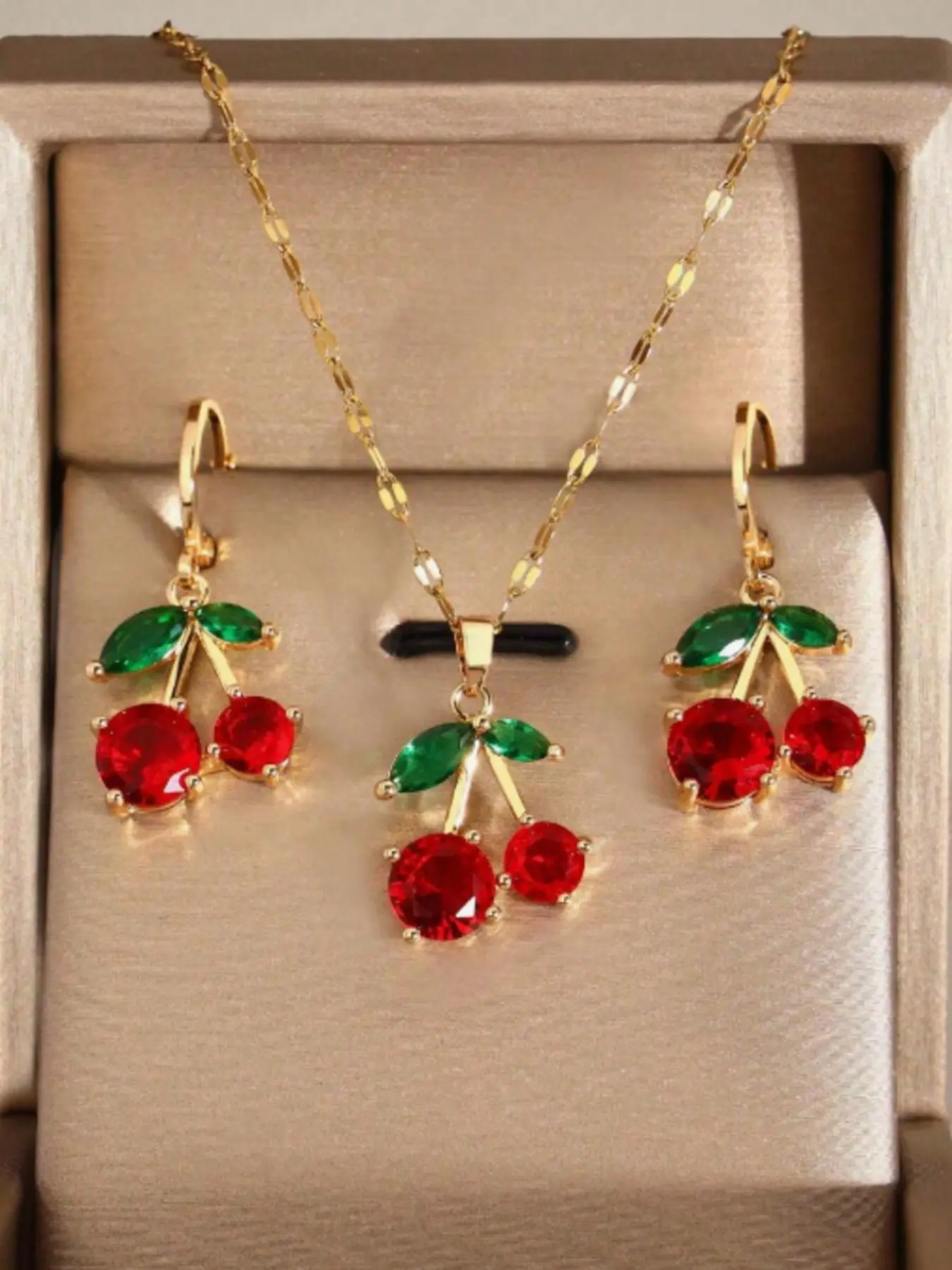 3pc Stainless Steel Cherry Necklace Earrings Set, Elegant Party Jewelry for Women, Perfect Gift for Her, Versatile and Stylish