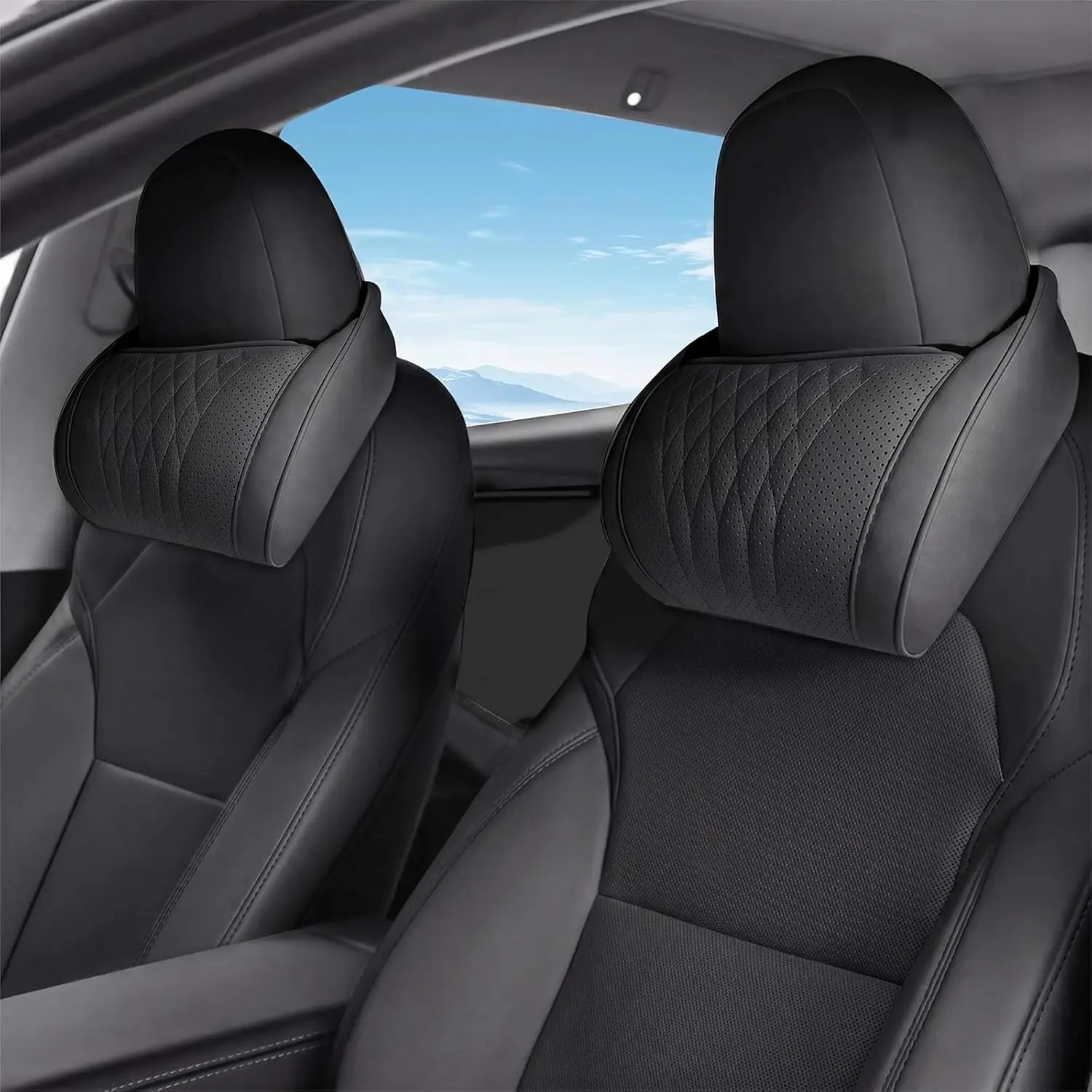 2 PCS Car Neck Headrest Pillow for Tesla Model Y Juniper Model 3 Highland Model S/X/Cybertruck Accessories, Nappa Leather Memory Foam Neck Support for People Above or Below 5'7" (Black)