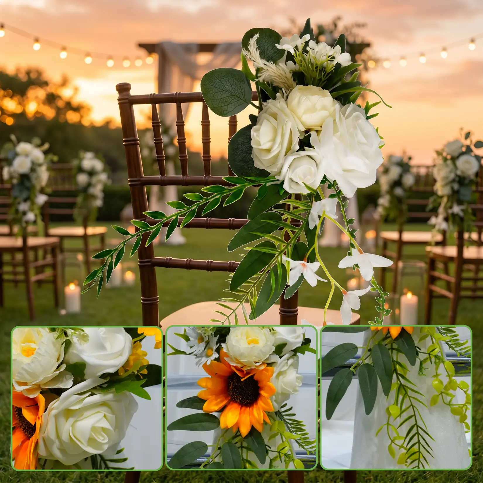 6‑Pack Rustic Artificial Wedding Chair Flower Bouquets, 14cm White Floral Arrangements in Soft Beige Shade, Equipped With White Ribbons and Fastening Parts, Wedding Ceremony Aisle Decorations