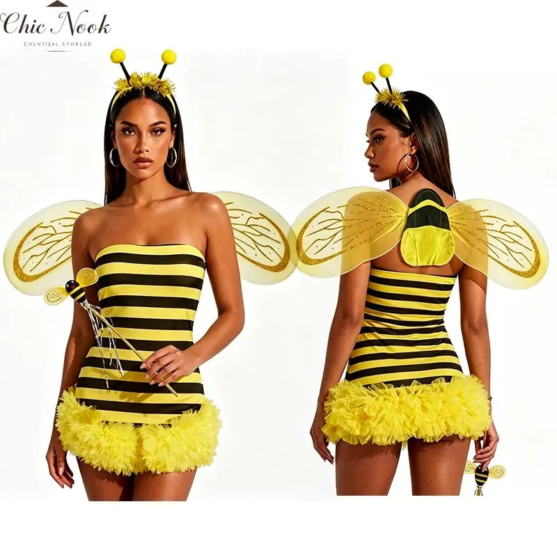 Women Bee Costumes Striped Off Shoulder Mini Tulle Dress and Wings 2Pcs Set Halloween Bubble Bee Outfit