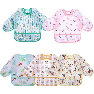 5 Pack Long Sleeve Bibs for Baby & Toddler, Waterproof Full Coverage Smock with Dinosaur Patterns for Feeding & Art, 6-36 Months, 0 - 3 Years