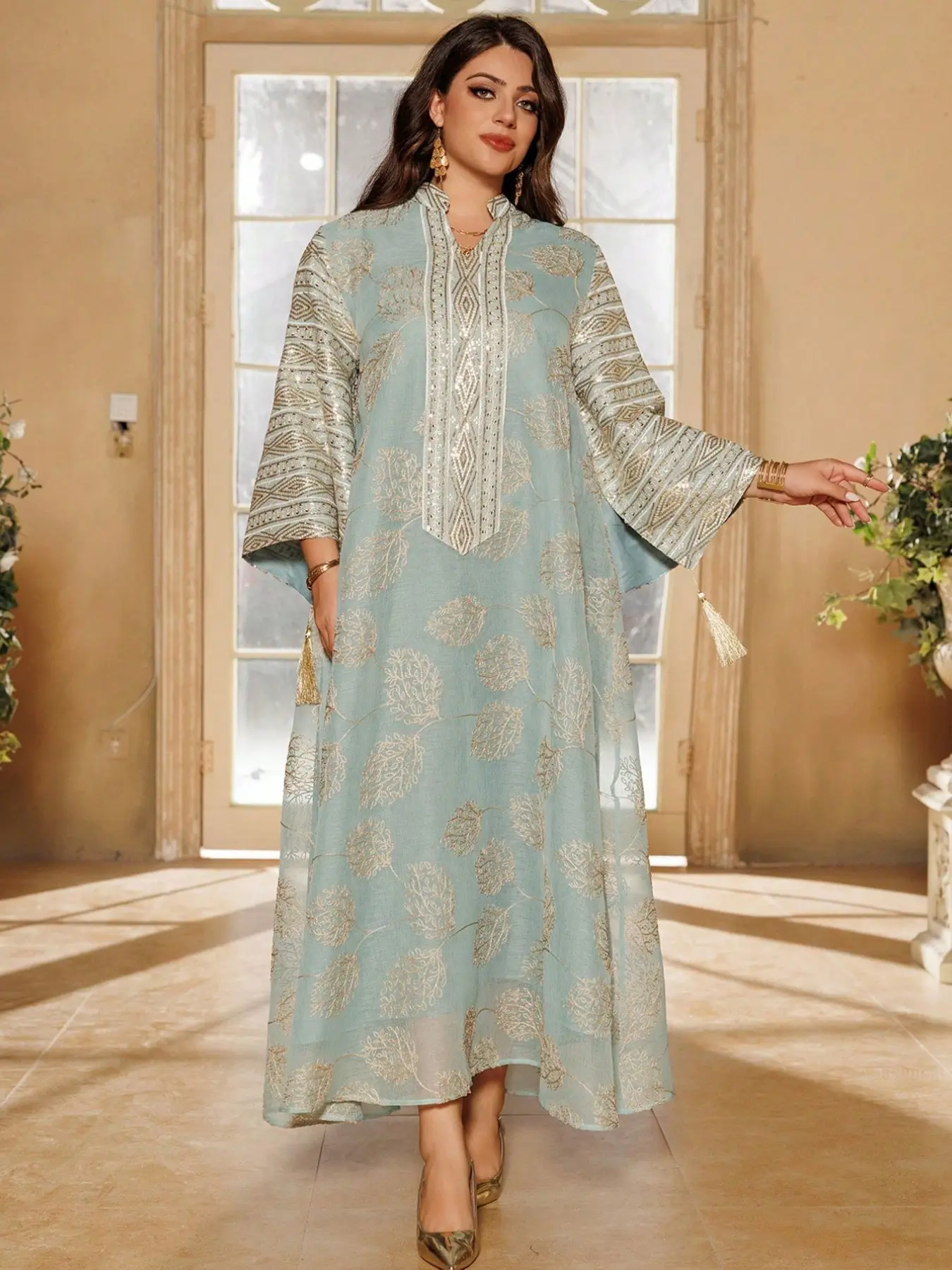 Hafizah Floral Print Long Dress, Stand Collar Fringe Front, Sequin Trim Bell Sleeve, Loose-Fit Outerwear for All Seasons, Elegance