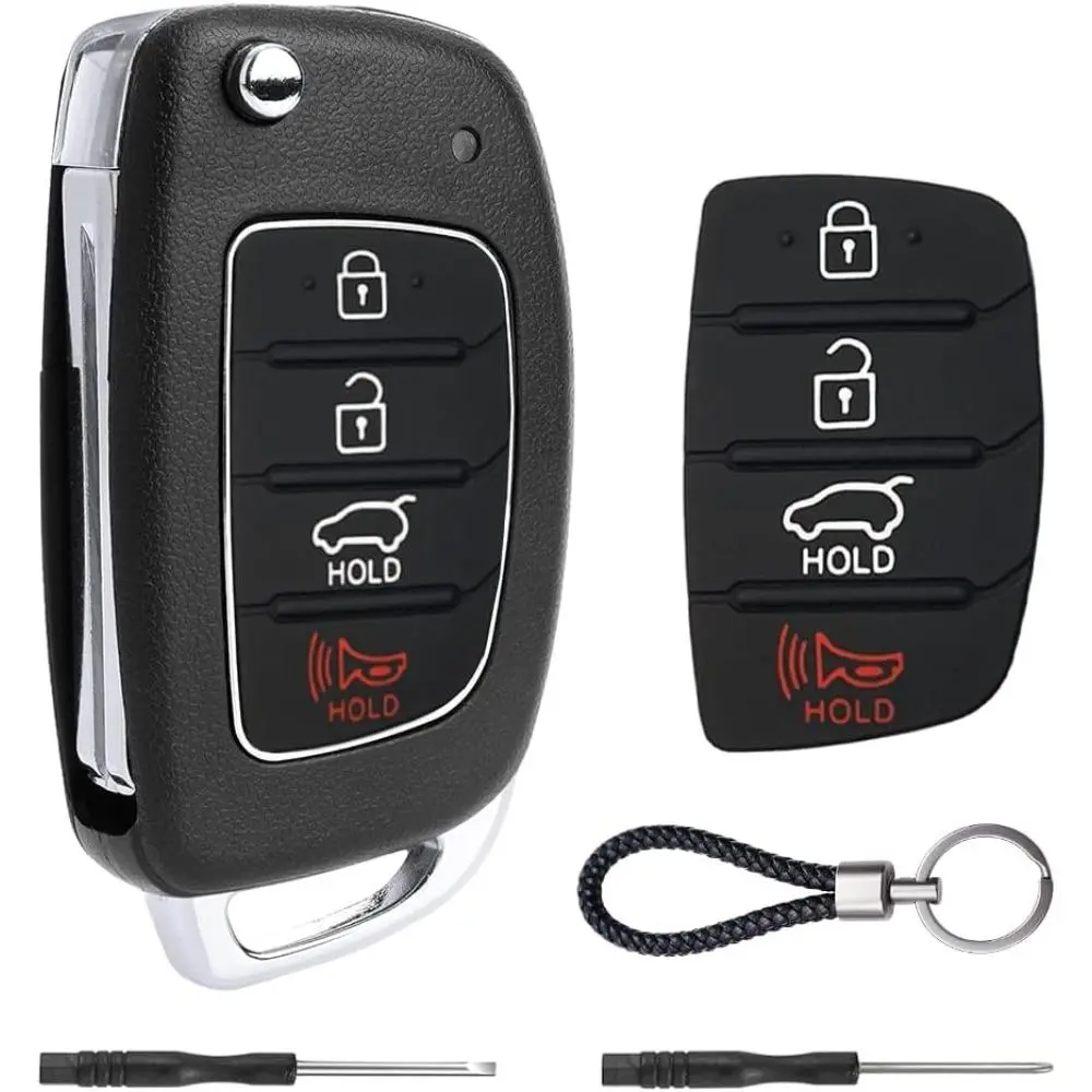 4-Button Keyless Entry Flip Car Key Fob Case Cover Shell for Hyundai Sonata Santa Fe Sport 2013-2019, ABS+Metal Replacement with Insert Rubber Pad Keypad, 1 x 4-Button Key Fob Rubber Pad, 2 x Mini Screwdriver, Foldable