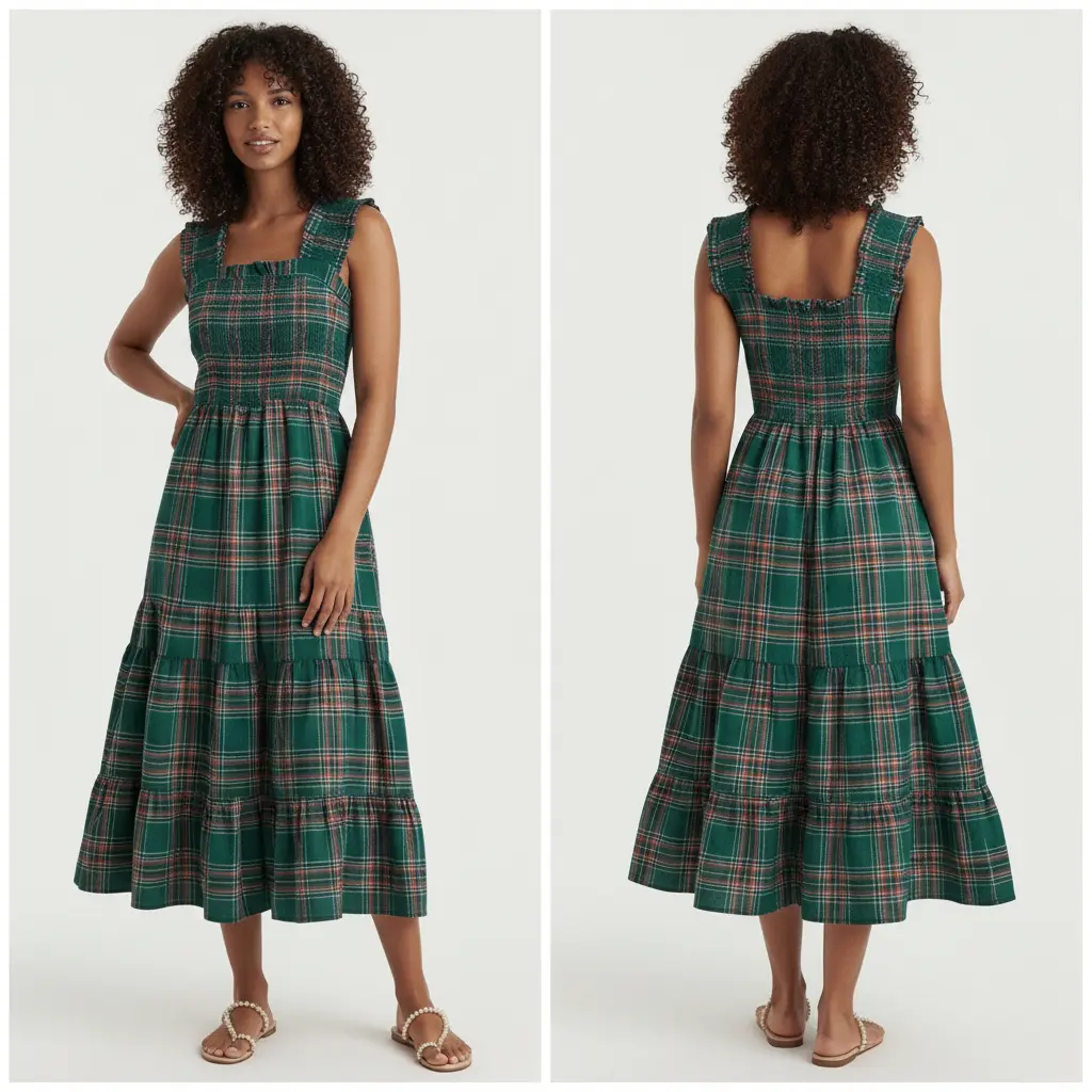 Women Tartan Plaid Midi Dress Square Neck Ruffle Sleeveless Smocked Tiered Flowy Long Dress Stretchy Elastic Waist Vintage Scottish Check Layered Swing Sundress Casual Summer Holiday