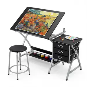 Adjustable Tilt Art Desk Drafting Table with 3 Storage Drawers Modern Wood Computer Workstation for Artists Painting Sketching Craft Table Studio School Desk with Fixed Side Table Laptop Shelf
