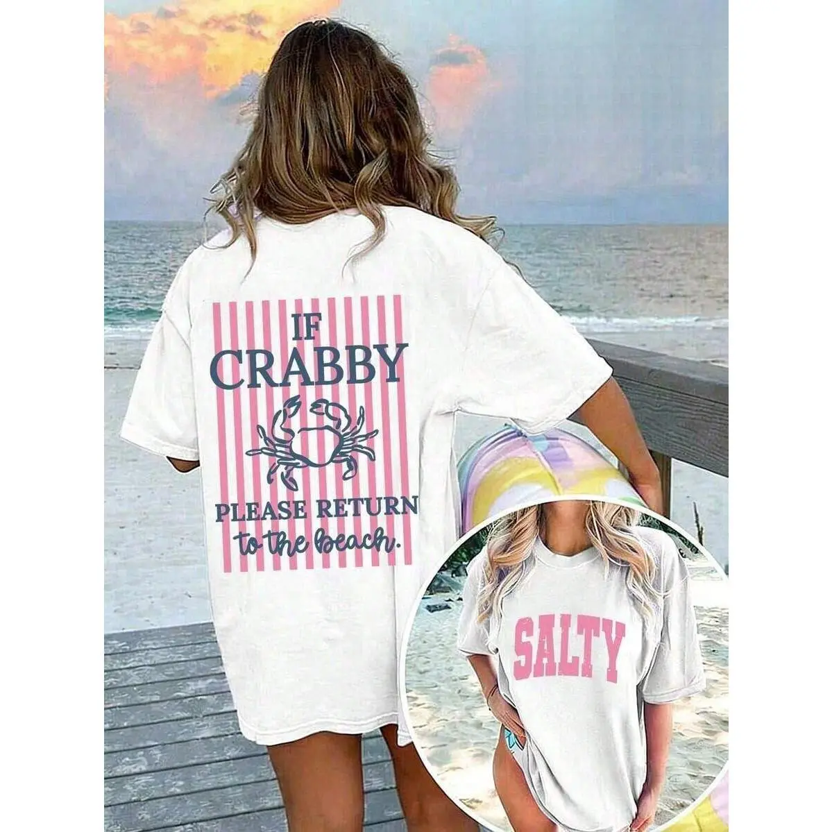 Women's 100% Cotton "Please Return To The Beach" Salty Graphic T-Shirt, Double-Sided Print, Oversized Baggy Short Sleeve Crew Neck Essential Flat Casual Summer Top, Ideal for Vacation Outfits (Pairs with Skirts, Joggers)
