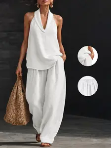 Sexy Halter V-Neck Linen Loungewear Set, Sleeveless Top & Wide Leg Pants, Breathable Fabric, Summer Homewear for Women