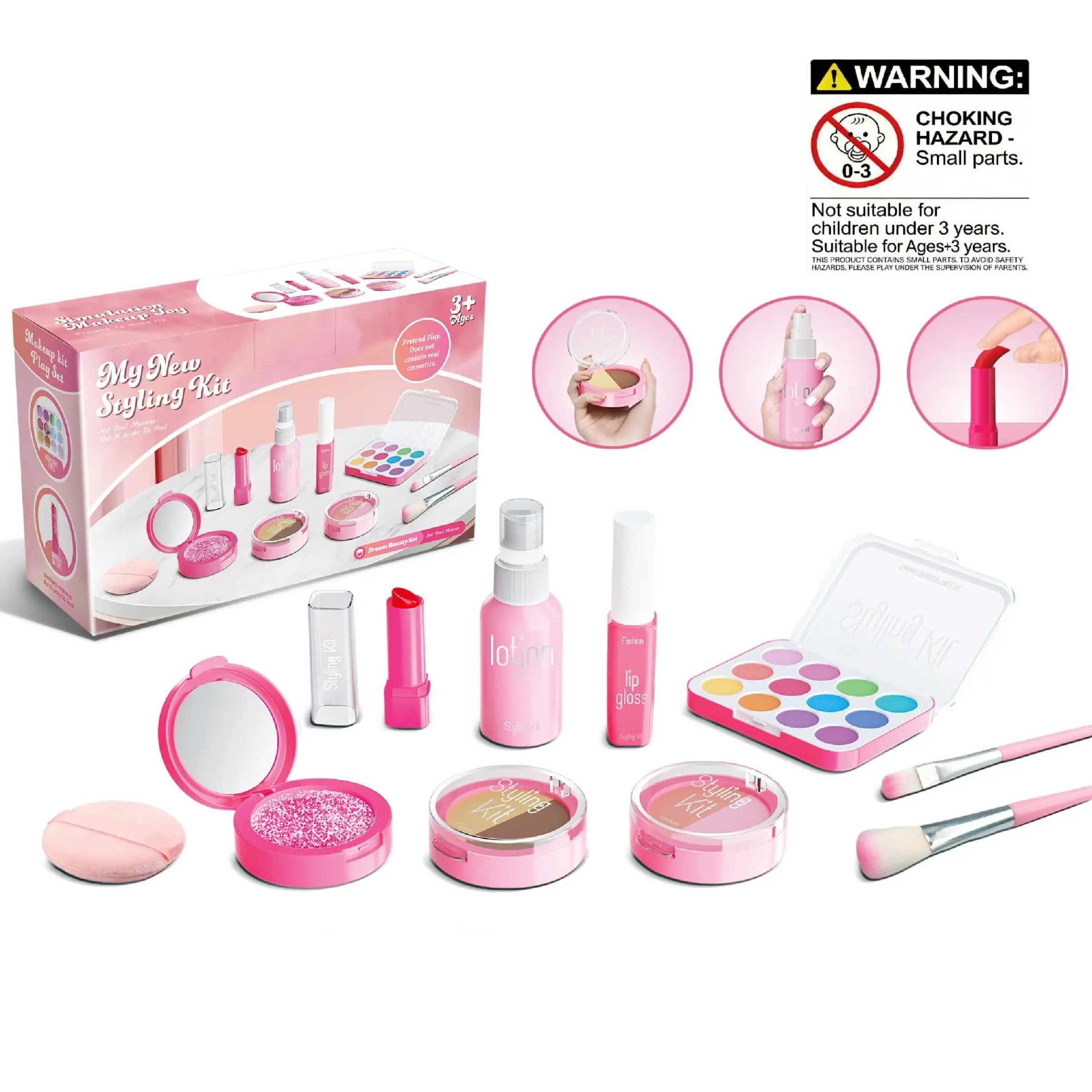 10Pcs Pink Pretend Play Makeup Toy Set, Miniature Set, Not Real Makeup, Realistic Cosmetic Kit with Lipstick, Powder Puff & Assorted Accessories, Ideal Birthday & Christmas Gift for Girls Ages 3+