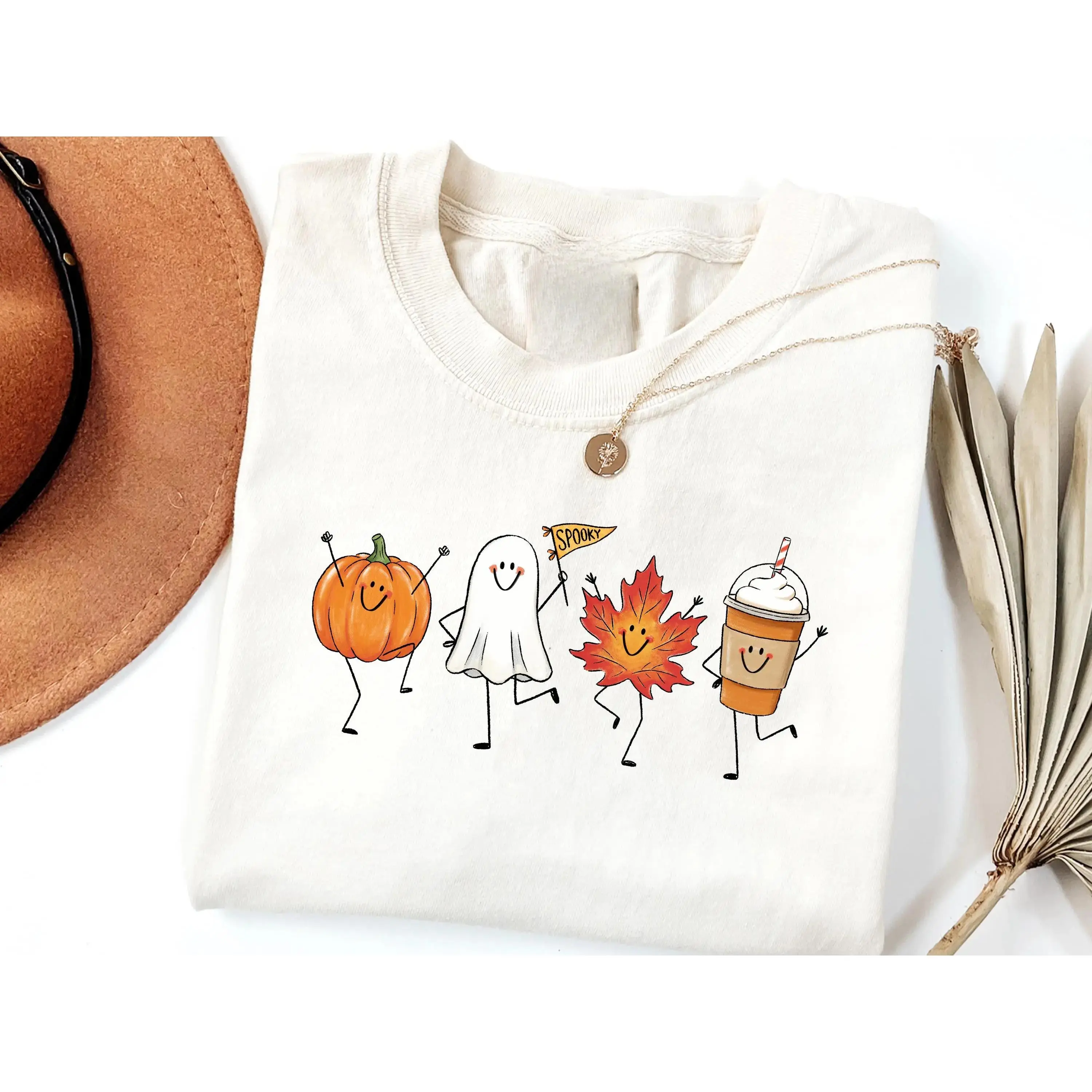 Cute Autumn Halloween T-Shirt, Fall Pumpkin Ghost Maple Leaf Pumpkin Spice Latte  Tee, Spooky Season Graphic Shirt for Women