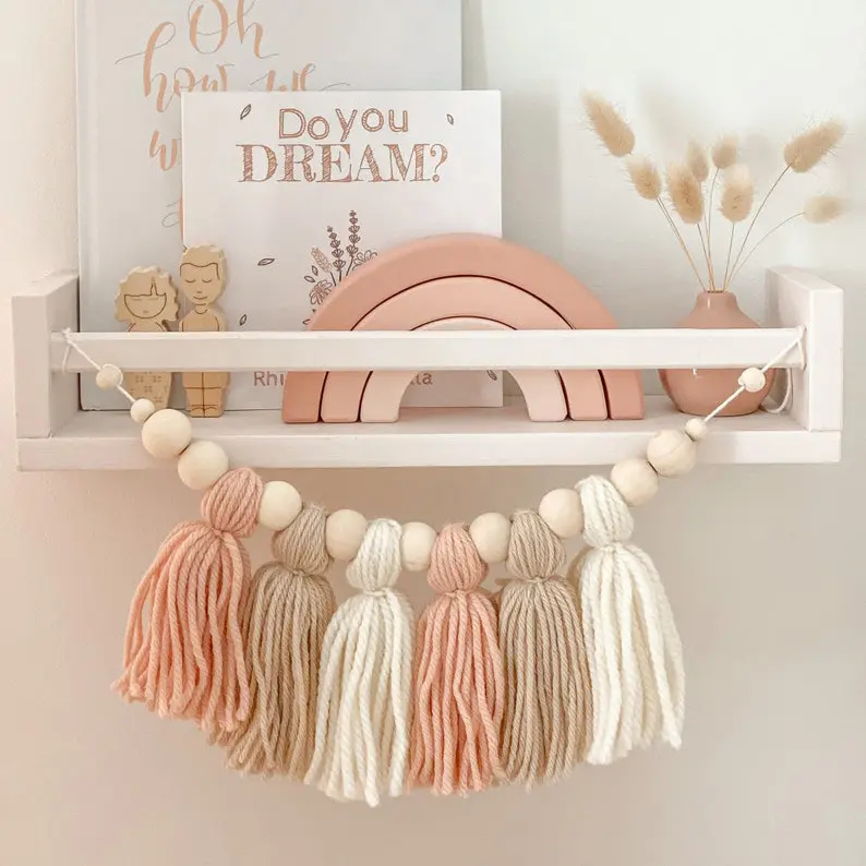 Ins Nordic Macaron Wooden Bead Tassel Hanging, Colorful Yarn Garland Wall Decor for Kids Room, Nursery Bedroom Aesthetic Cotton Woven Banner, Handwoven Boho Apartment Decoration Party Props