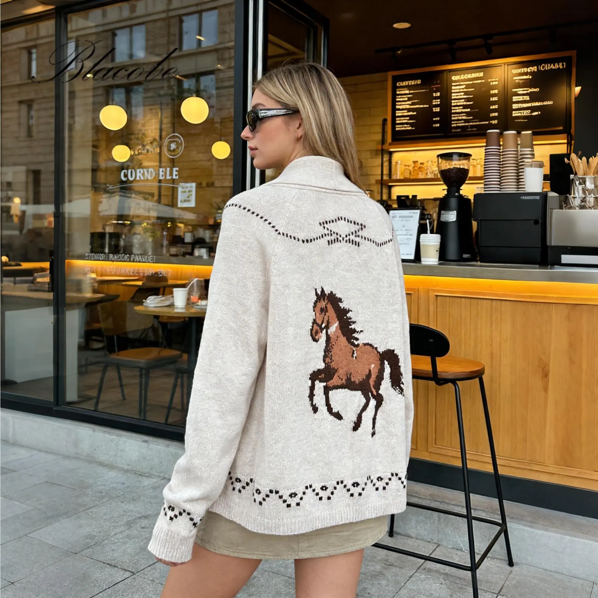 Year of the Horse Lightweight Women's Cardigan Open Front Long Sleeve Galloping Horse Print Knitwear Vintage Autumn Sweater Country Western Tops Boho Cardigan Outfit
