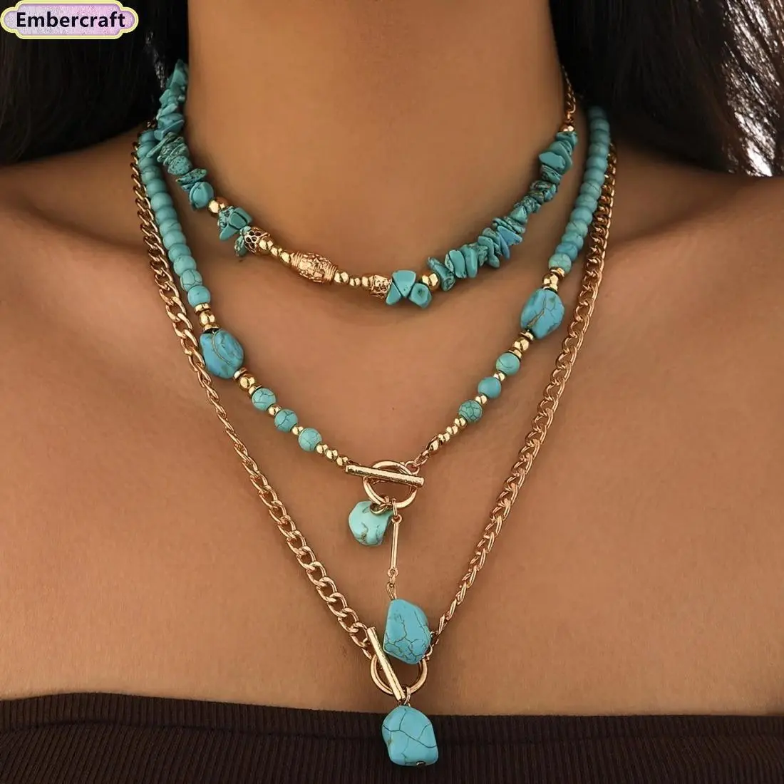 Women's Turquoise Stackable Choker Necklace - Bohemian Western Layered Multi-Strand Jewelry, Lightweight Ethnic Fashion Accessory for Music Festivals & Vacations, Women's Casual Jewelry
