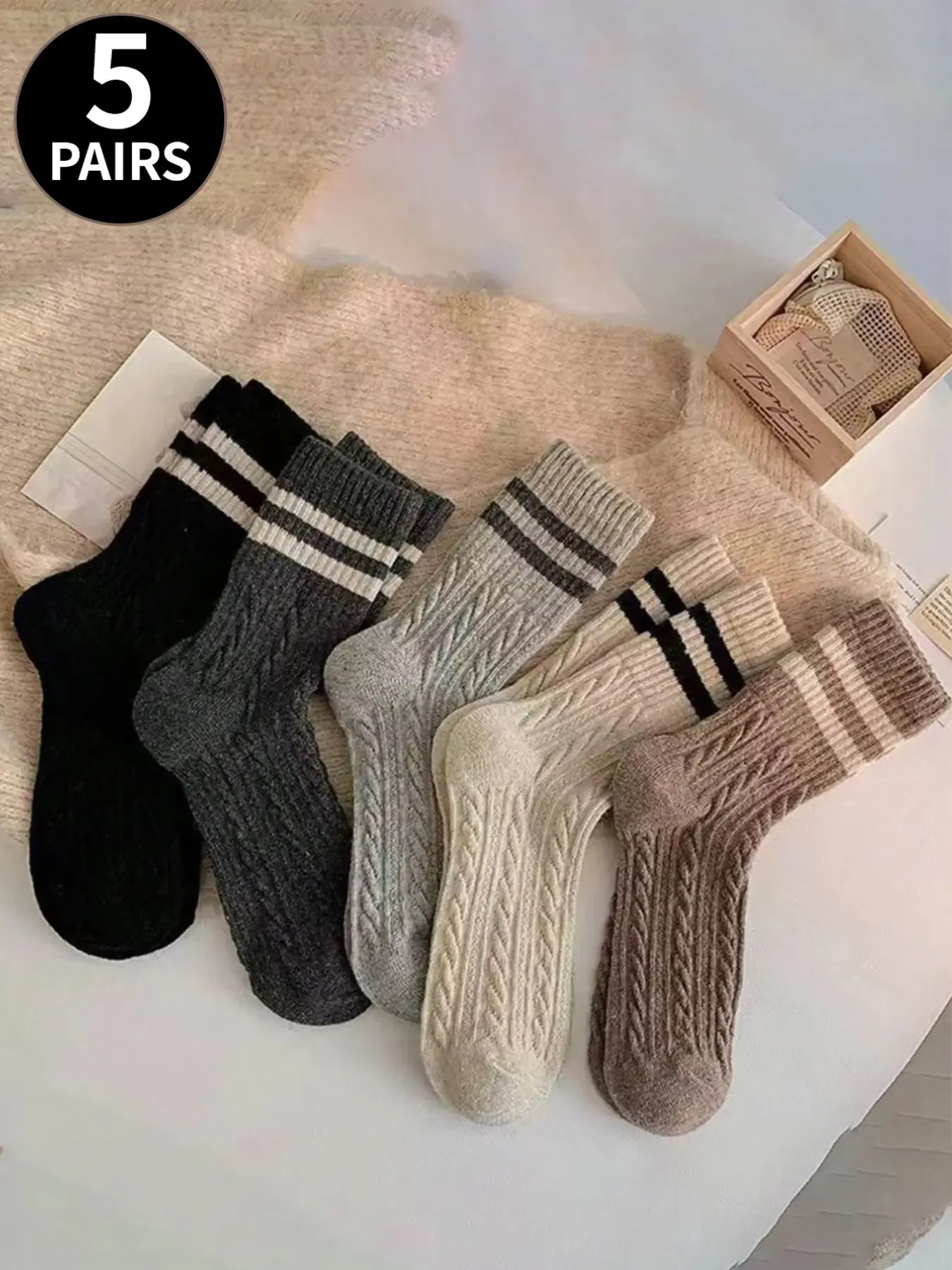 5-Pair Set of Cable-Knit Double-Striped Mid-Calf Socks and Knee-High Socks: Retro Preppy Style, Casual, Simple, and Versatile; Thick and Warm Cable-Knit Striped Crew Socks Casual Daily Socks