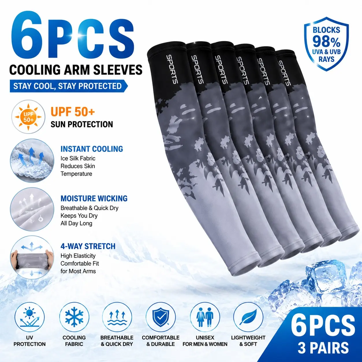 Lightweight Ice Silk Sun Protection Sleeves 6pcs, Anti UV Arm Covers for Car Driving, Daily Use, Comfortable and Breathable