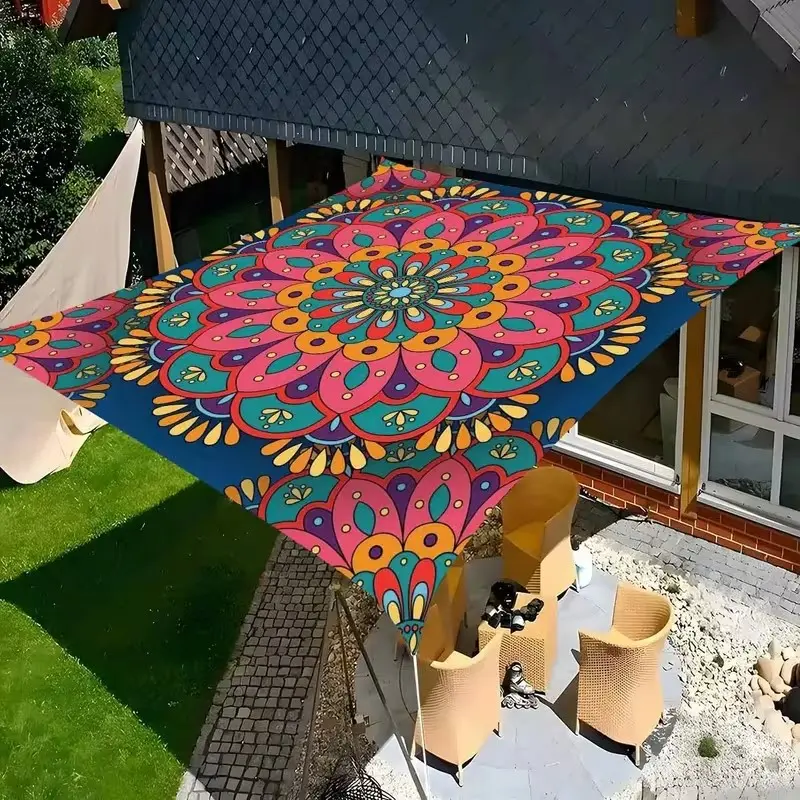 Boho Mandala Gradient Outdoor Sunshade Polyester Canopy Beach Shade Sail, Thick Sun Protection, Easy Installation, Garden Courtyard Poolside, No Stand Included