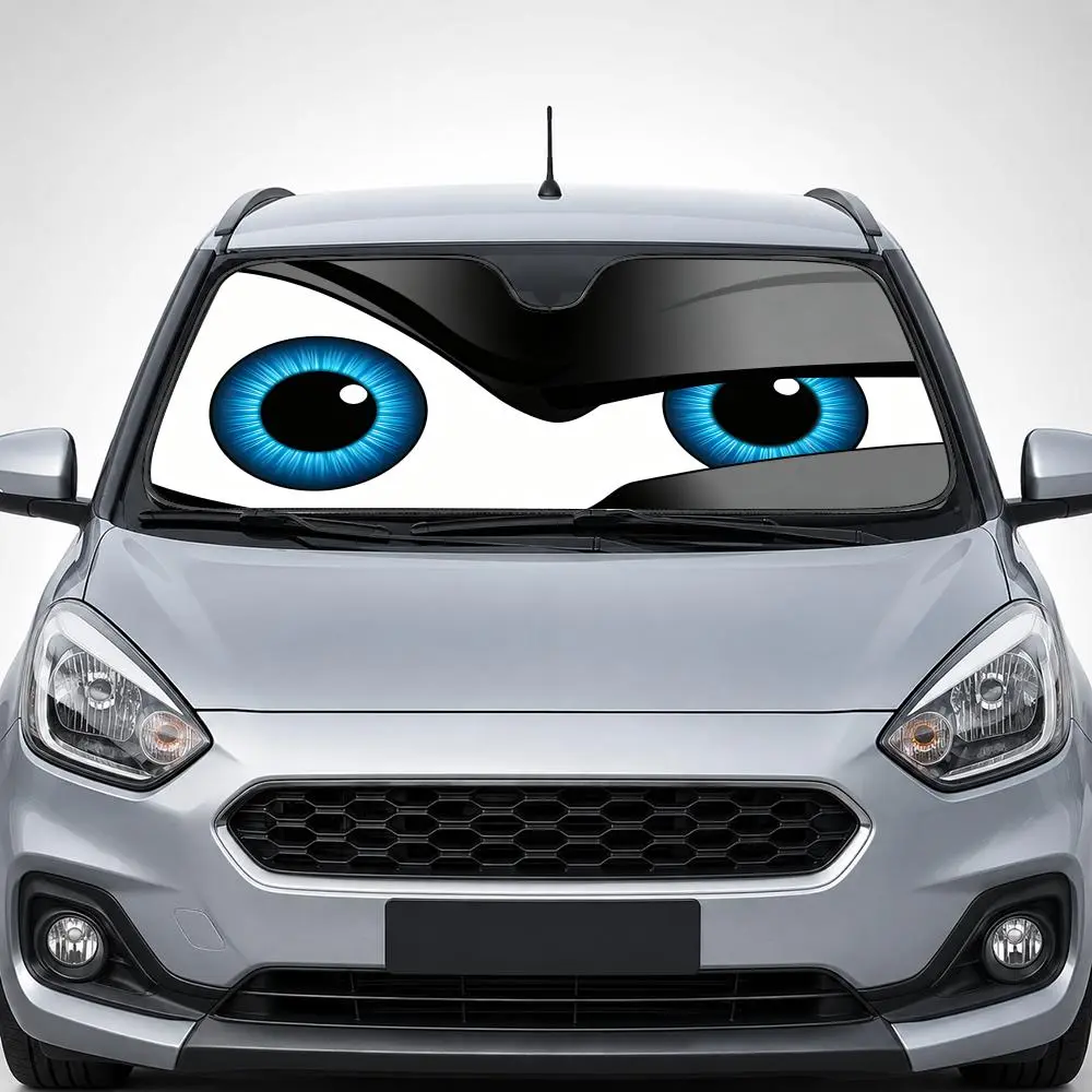 Cartoon Eyes Sun Visor Foldable Auto Windshield Sunshade, Reflective UV and Heat Insulation Cover, Reduces Interior Heat, Protects Seats and Dashboard from Sun Fading, Quick Setup and Compact Storage, Fits Most Cars SUVs Trucks
