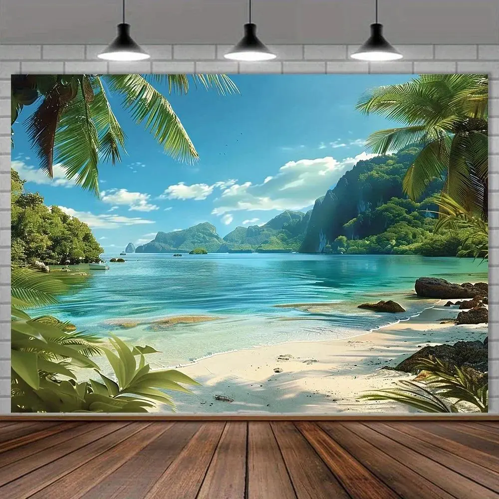 Polyester Tropical Island Beach Tapestry Wall Hanging - Home Decor Gift for Father's Day, Ocean Palm Tree Photography Backdrop, Luau Party Banner Accessory for Wedding, Baby Shower, Thanksgiving, Church, Independence Day, Family