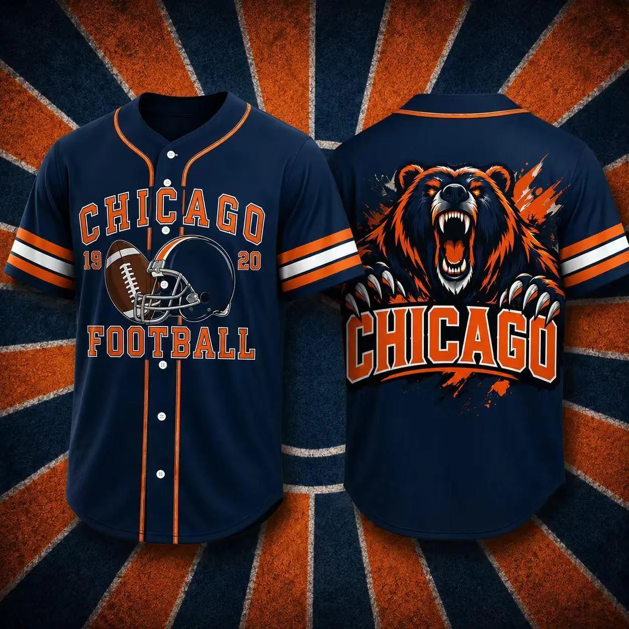 Men's Chicago Football Jersey Shirt, Navy Blue Button Down Fan Shirt with Helmet and Bear Graphic, Short Sleeve Game Day Outfit for Men, Chicago Streetwear Baseball Style Shirt, Tailgate Party Wear, Football Fan Gift and Casual Jersey Tee, Sports Top