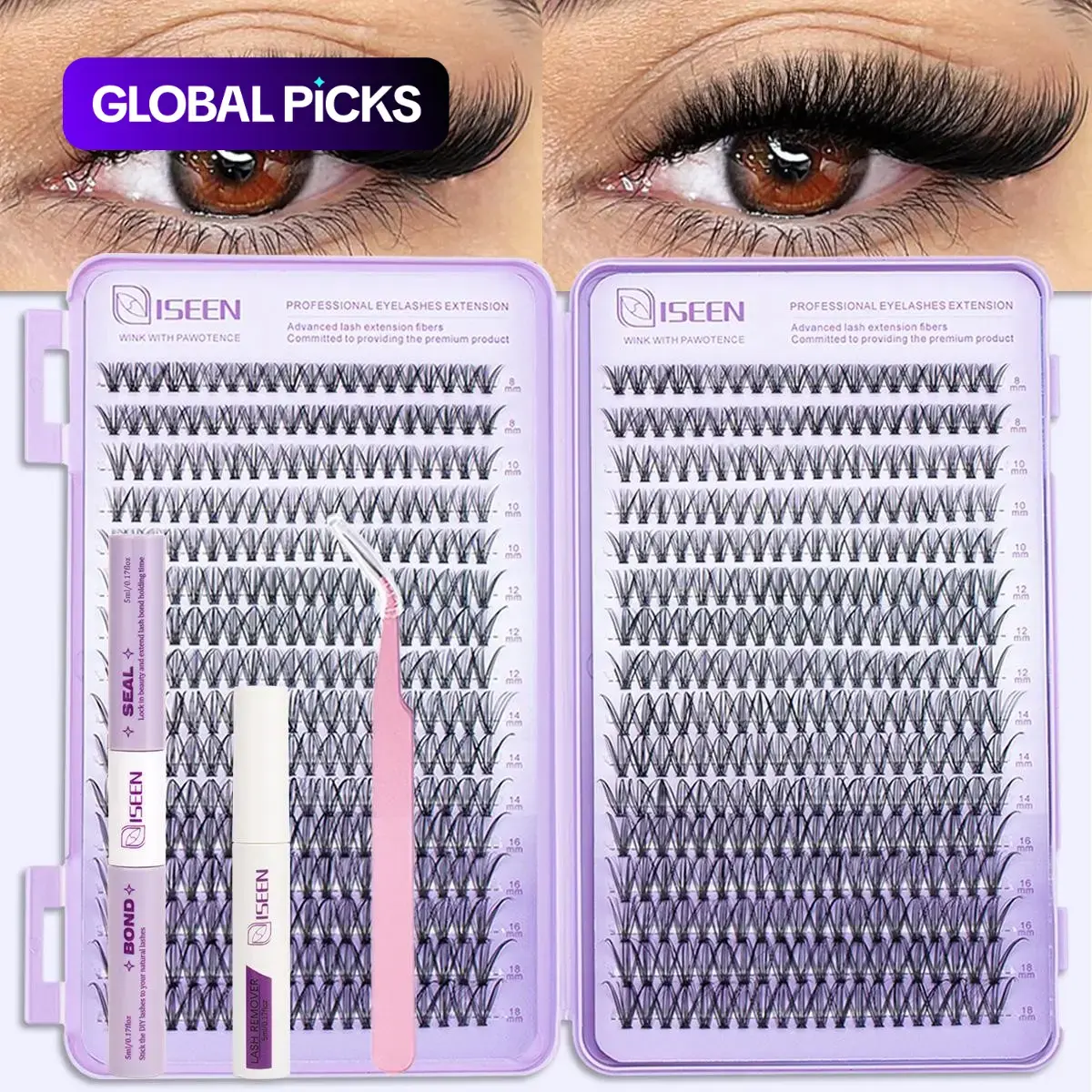 Mixed-Length DIY Cluster Eyelash Extension Kit, Curled Long-Lasting Waterproof Lashes, Cosmetic False Lashes, Includes Bond, Lash Glue & Seal, Tweezers & Headband, Synthetic Realistic Eyelash Extensions, Lashes Extension Set, Eyelash Extension Supplies