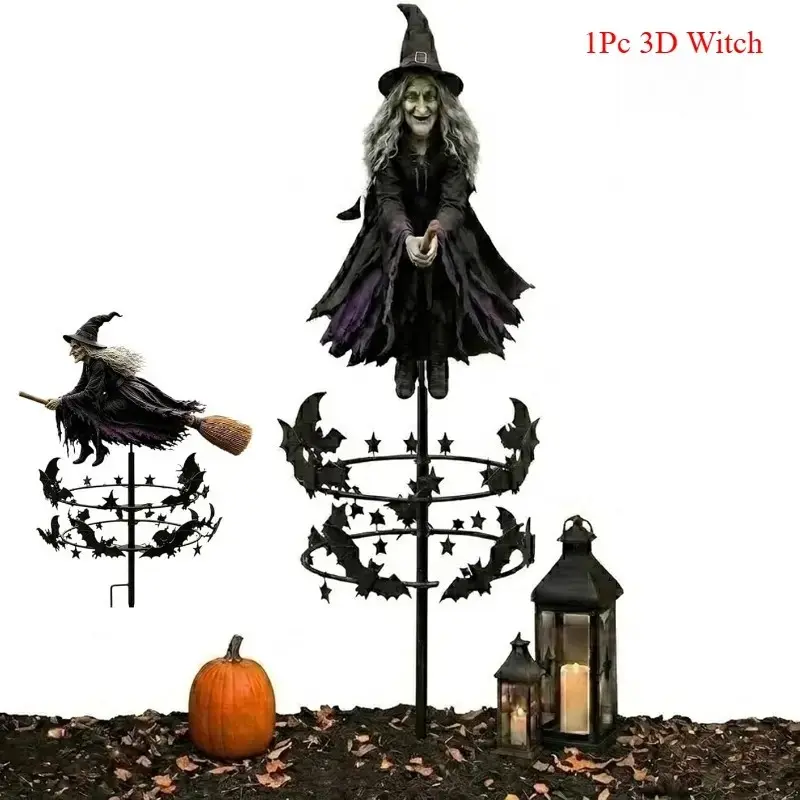 2D/3D Halloween Outdoor Yd Spinner - Witch Flying on Broom & Wind-Powered Spin Rotating Bat Decor, Easy-Setup Spooky Ground Stake Base Garden Lawn Ornament, 2026 Outdoor Decor Prop for Gardens & Parties